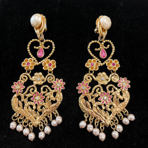 Christian Lacroix Ornate Floral Rhinestone & Faux Pearl Drop Clip Earrings