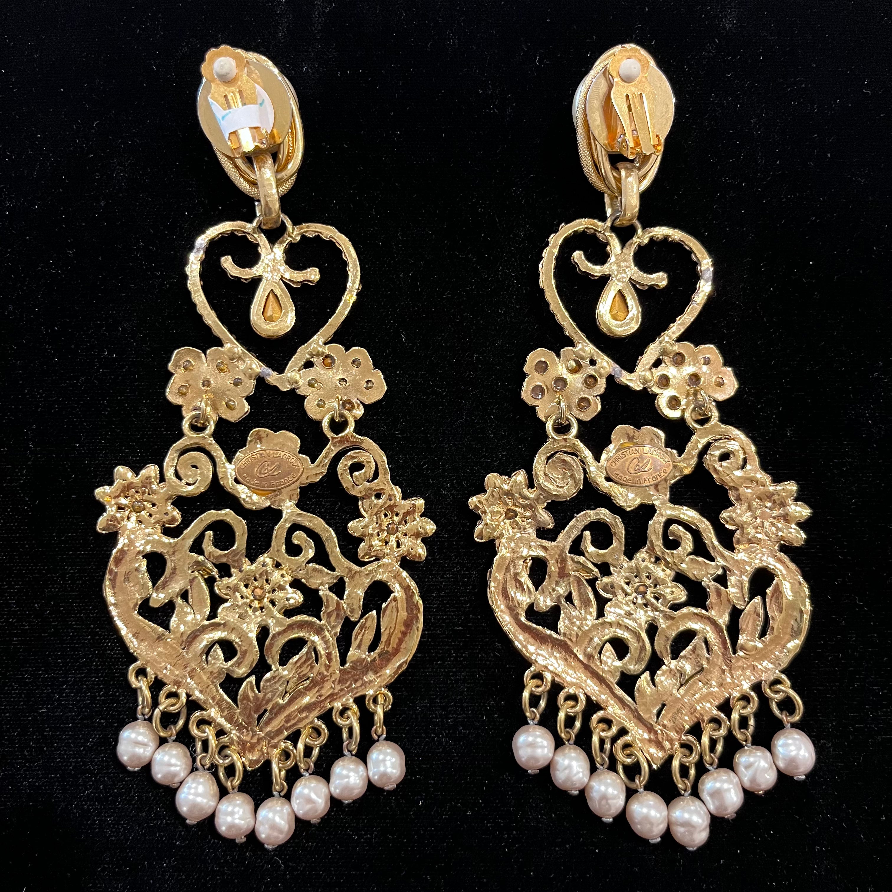 Christian Lacroix Ornate Floral Rhinestone & Faux Pearl Drop Clip Earrings