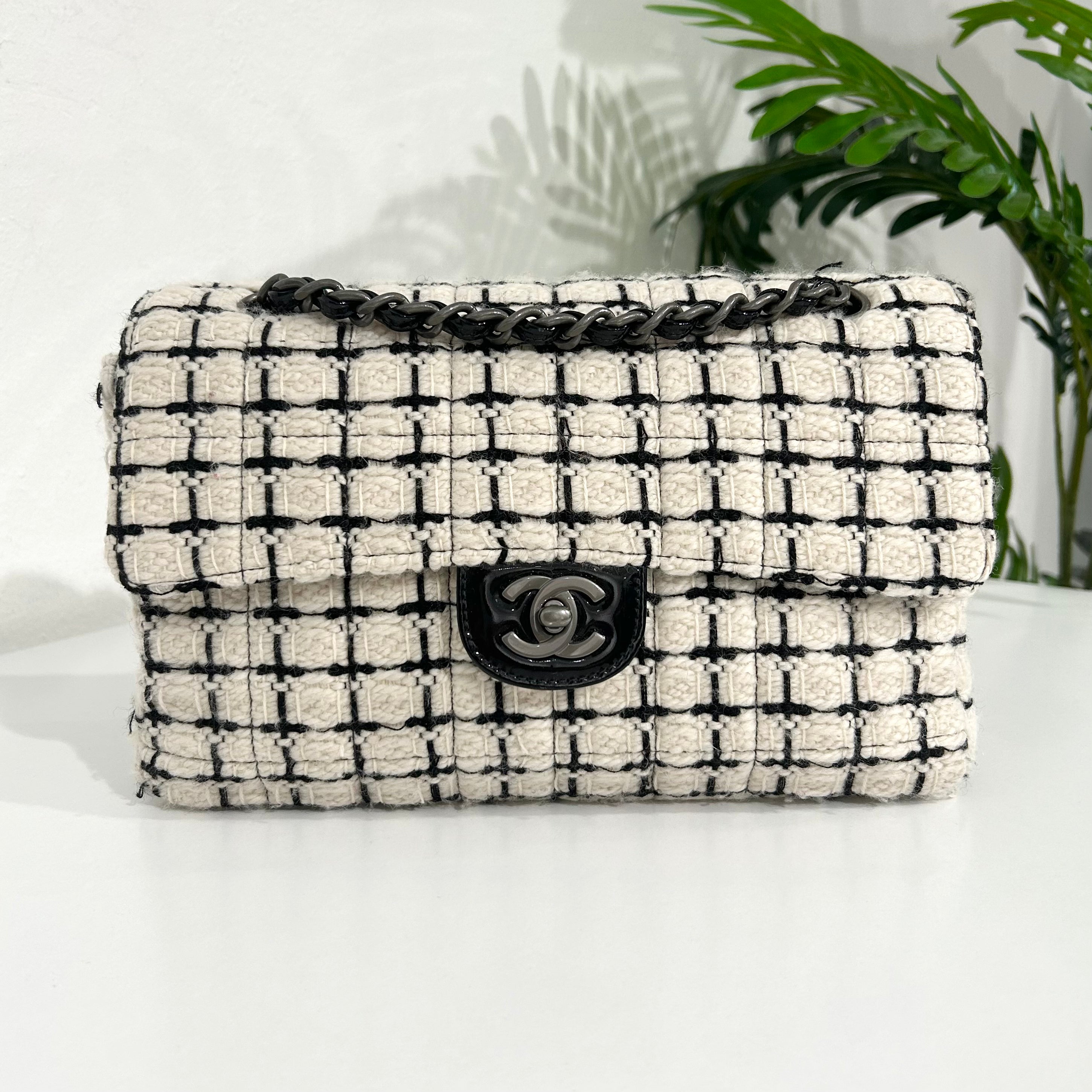 Chanel White & Black Tweed Flap Bag