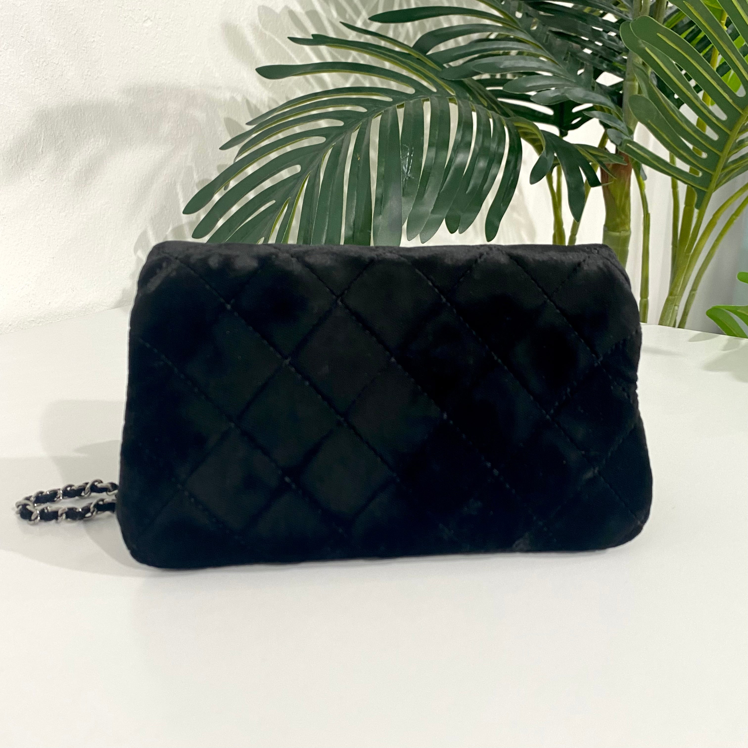 Authentic Chanel Black Velvet Camellia Roller Bowling Bag 2021