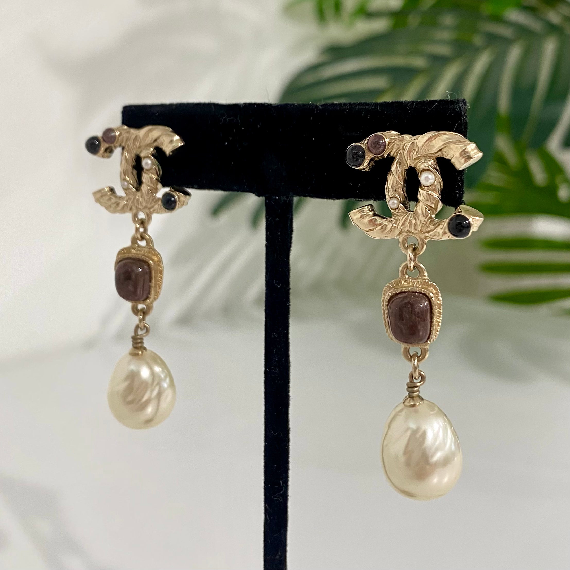 Chanel CC Resin & Pearl Drop Earrings