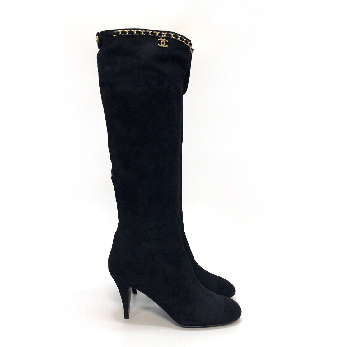 Chanel Chain Trim Knee High Boots