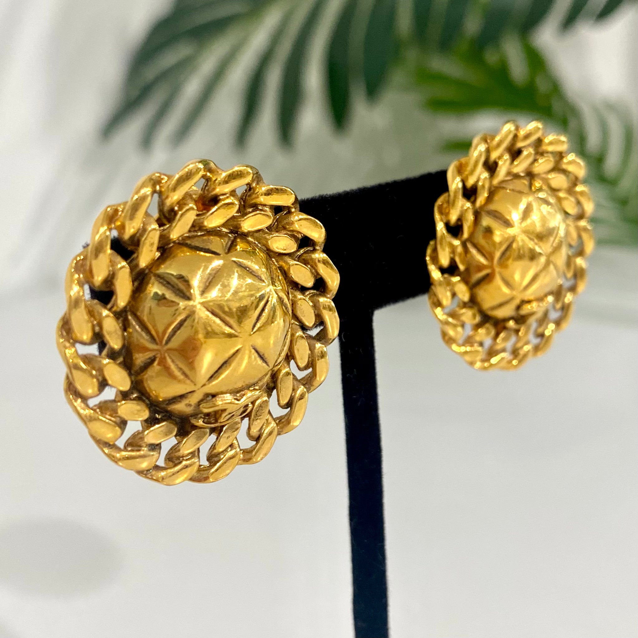 Chanel Vintage Chain Trim Button Earrings
