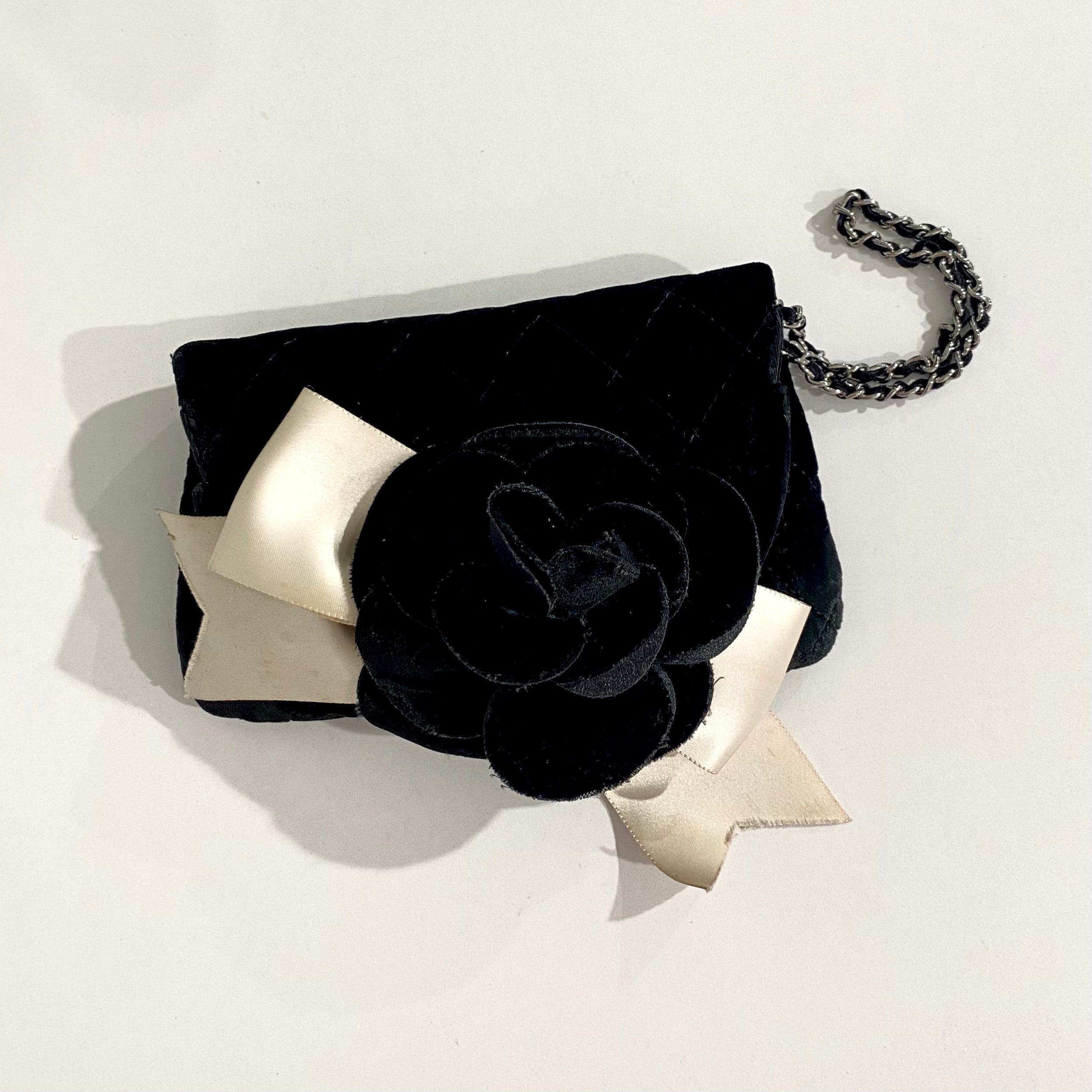 Chanel Black Velvet Camellia Wristlet