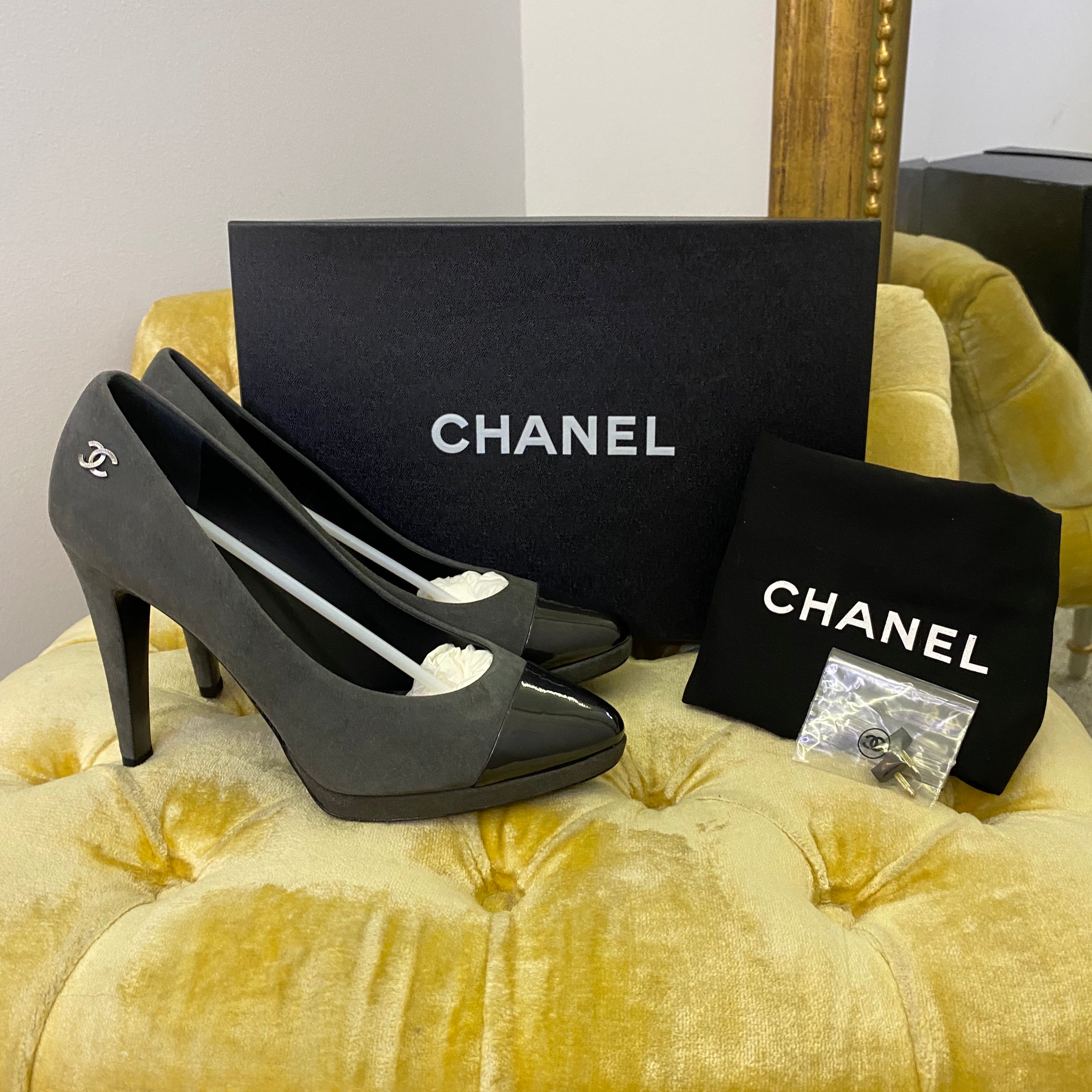 Chanel Grey Suede Platform Heels