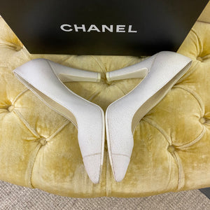 Chanel White Crackled Leather Heels