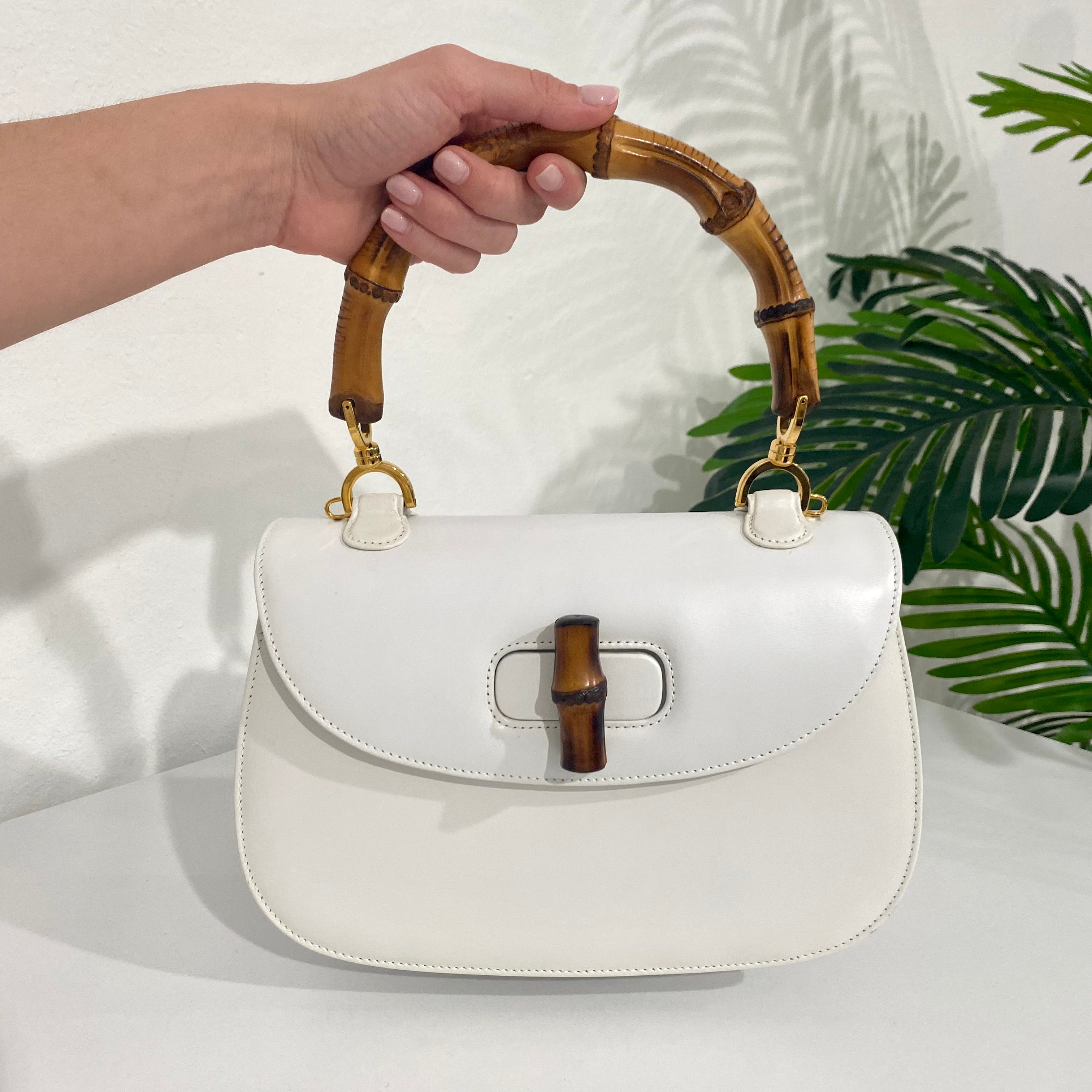 New Gucci White Leather w/Bamboo Handles Women's Purse "