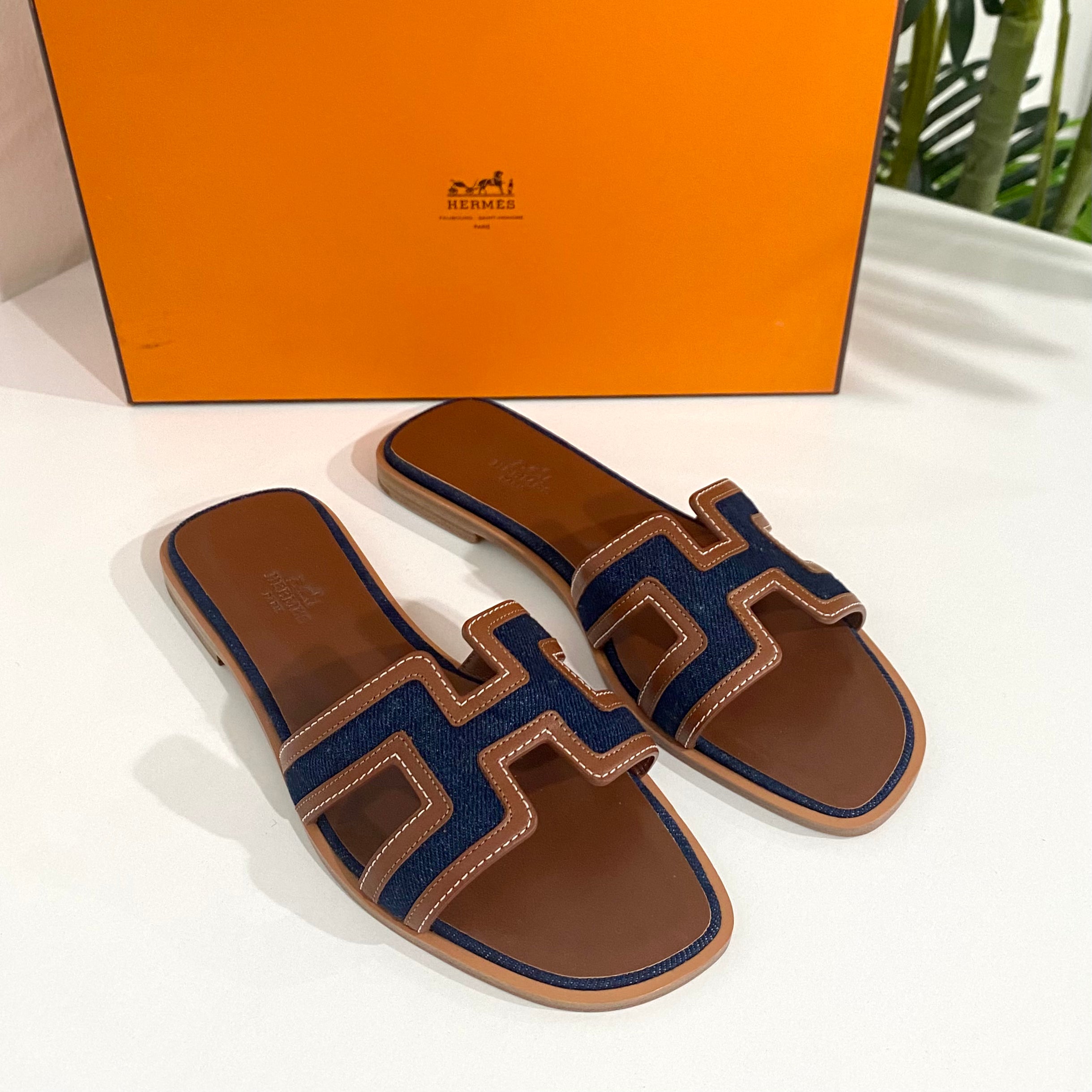 NEW Hermès Denim & Gold Oran Sandals