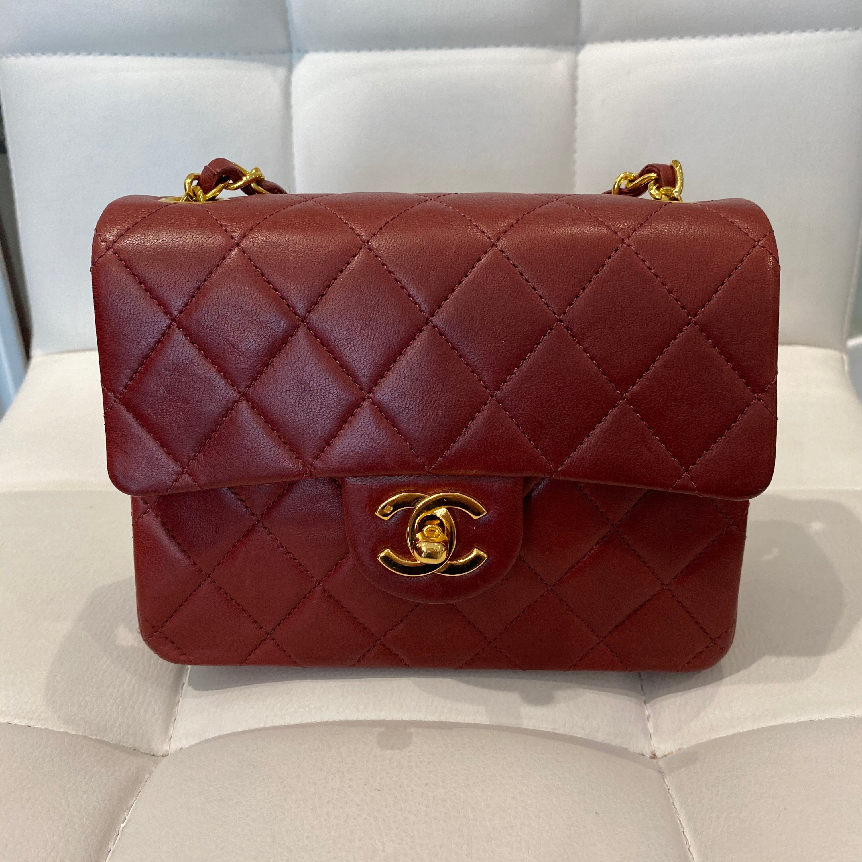 Authentic Chanel Burgundy Mini Square Classic Flap bag in Lambskin and Gold  Hardware, Luxury, Bags & Wallets on Carousell