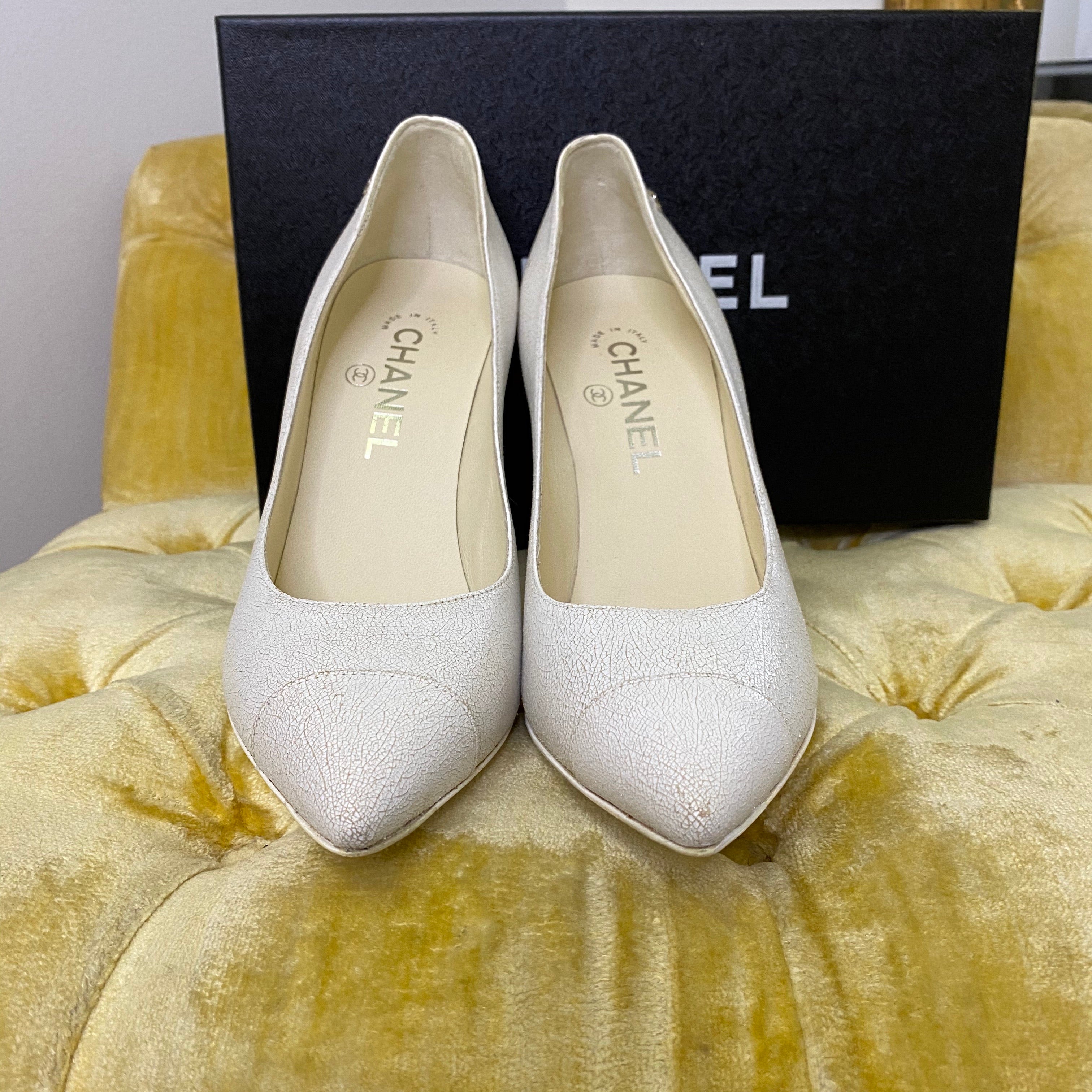 Chanel White Crackled Leather Heels