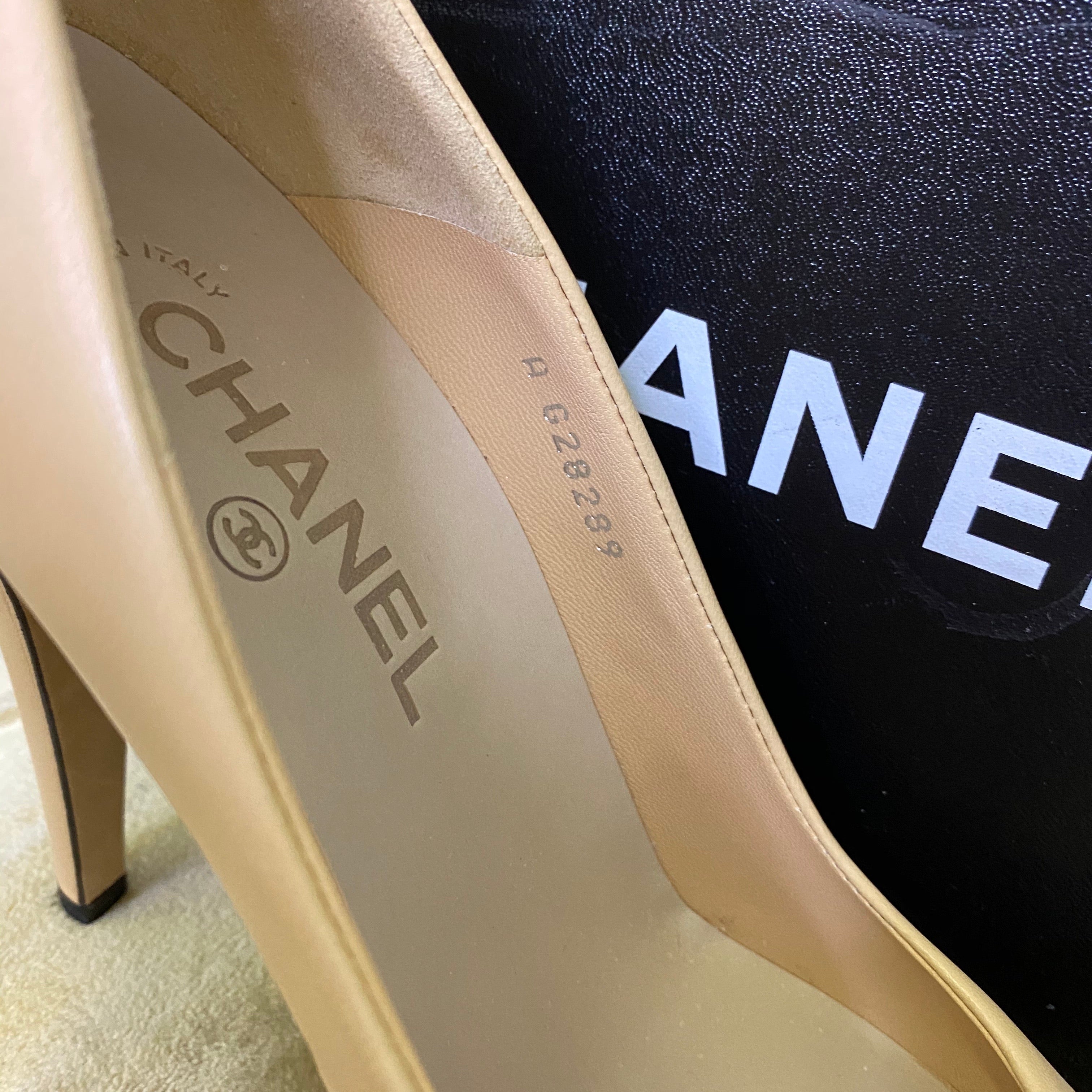 Chanel Beige and Black Cap Toe Platform Pumps