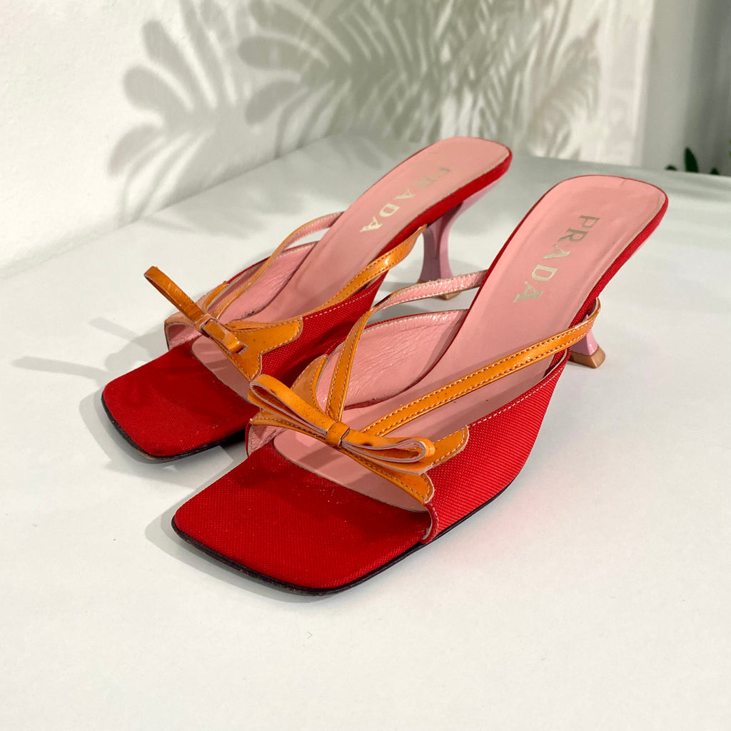 Prada Red and Pink Square Toe Sandals