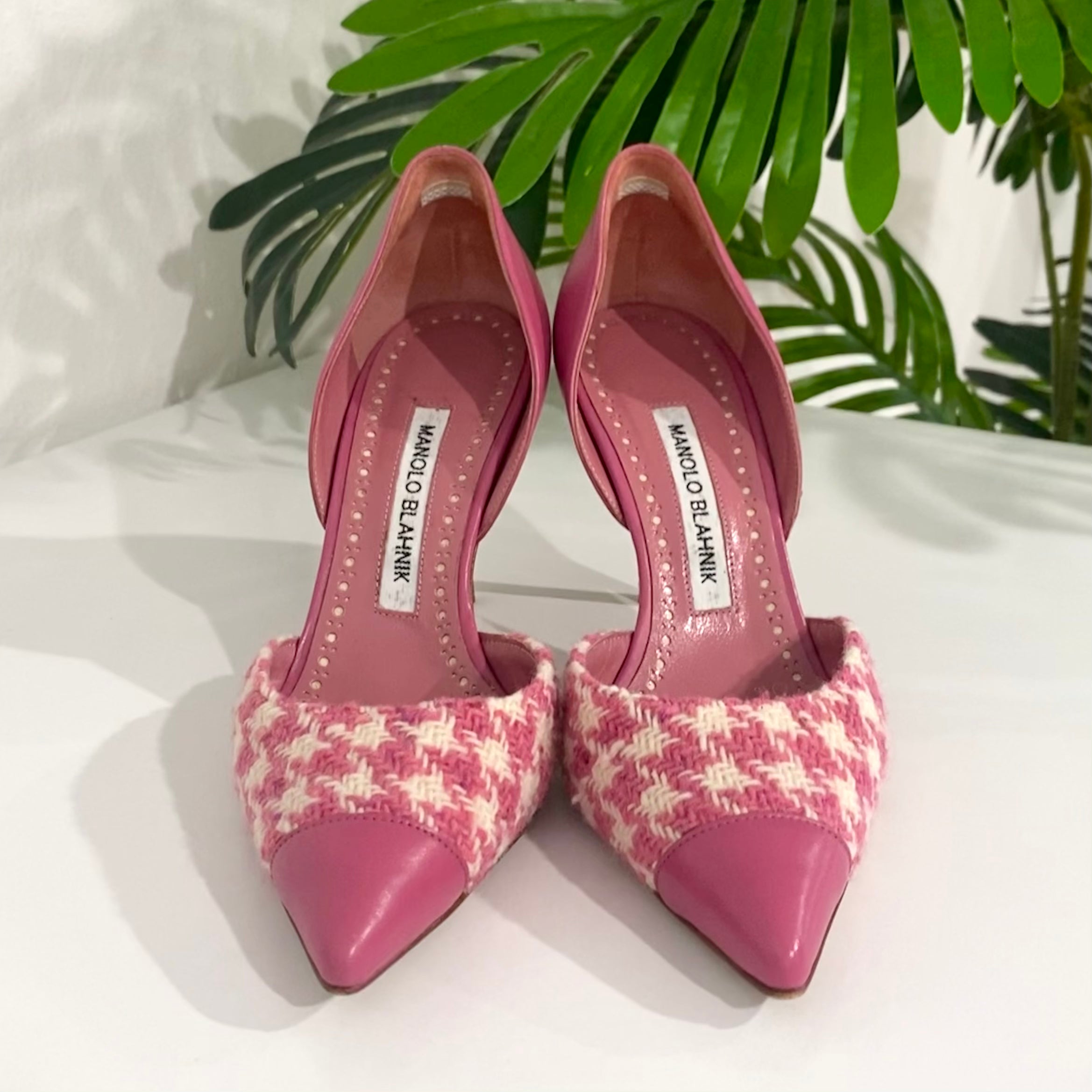 Manolo Blahnik Pink & White Tweed Heels