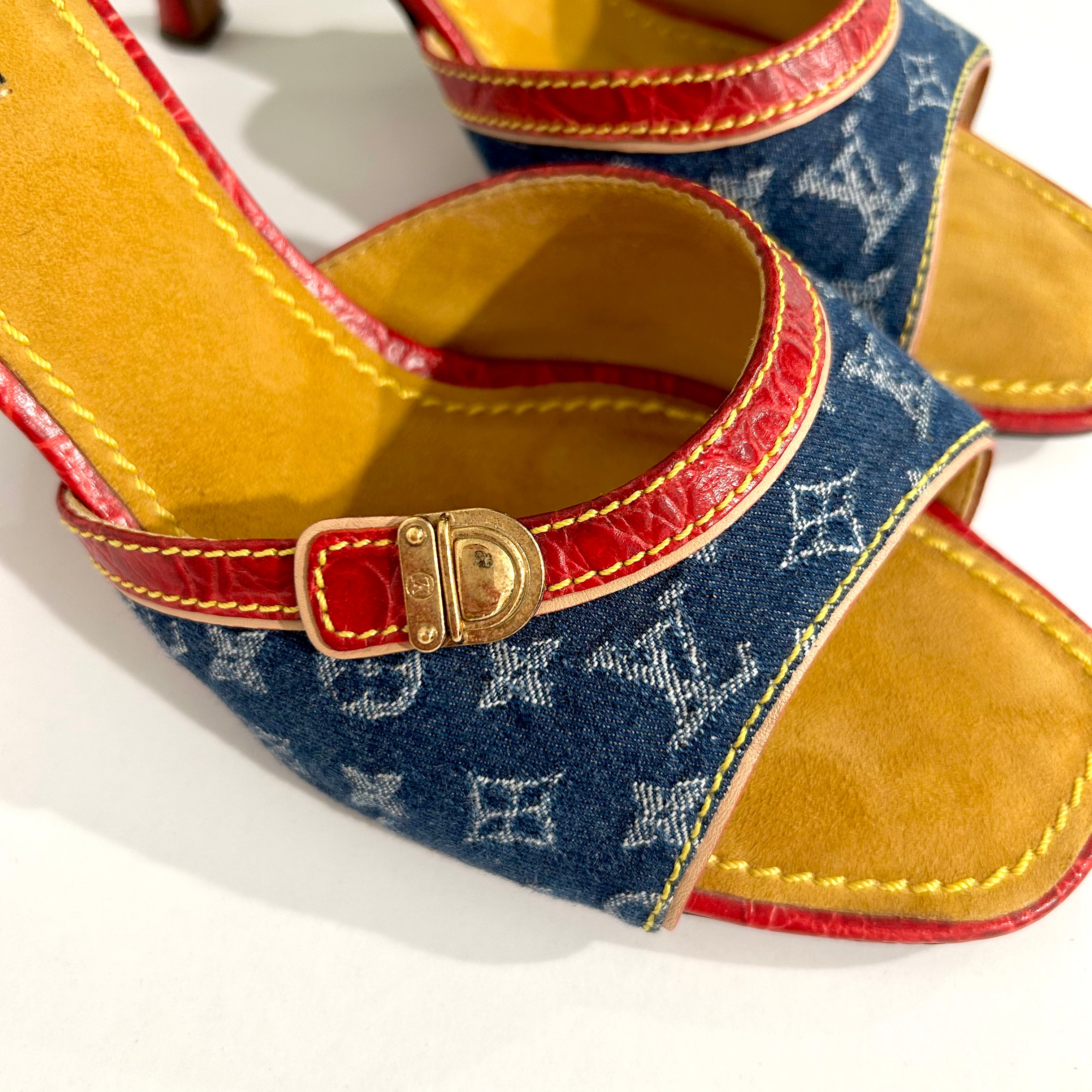 LOUIS VUITTON Y2K blue denim buckle leather high heel mule sandal EU37 at  1stDibs