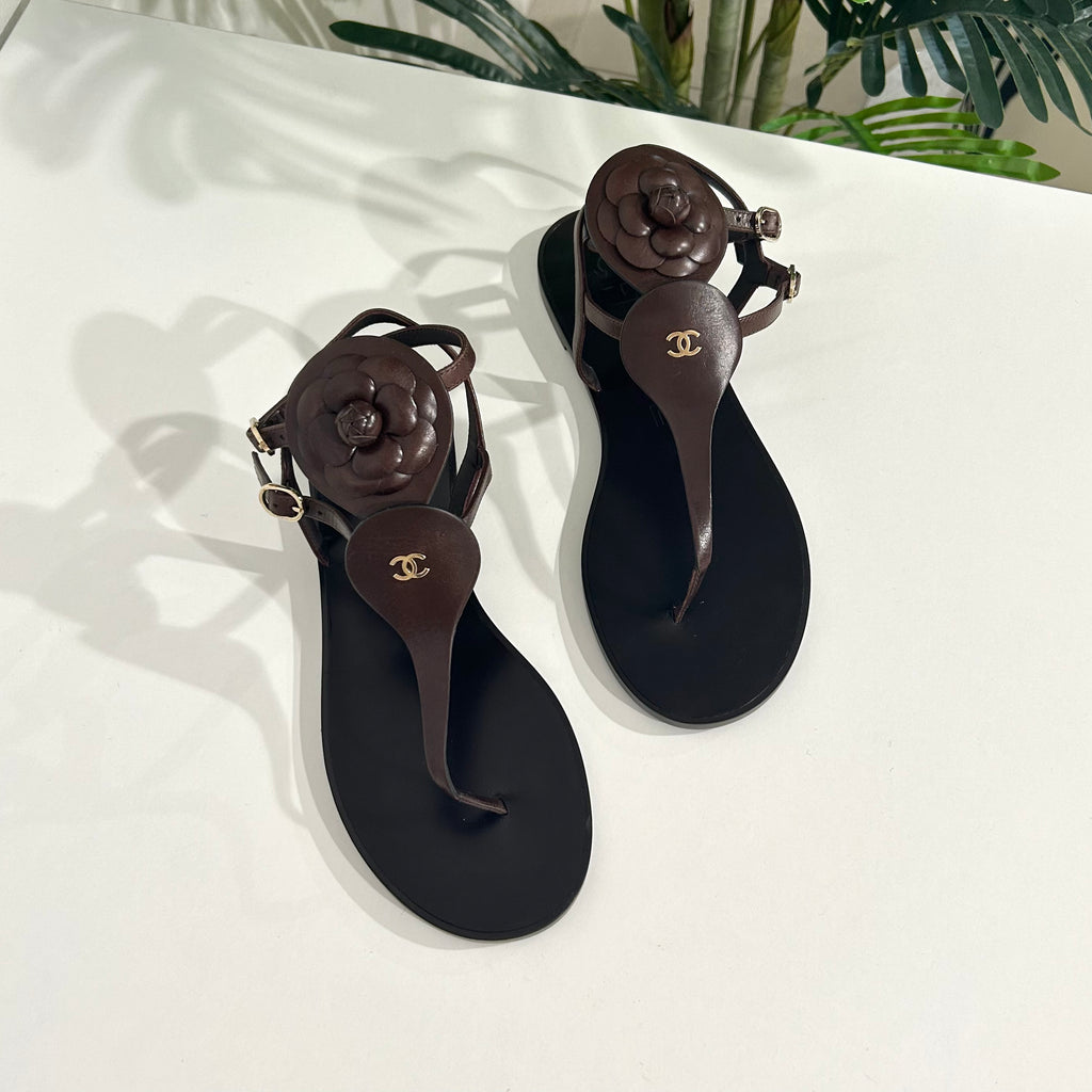 Chanel Brown Camellia Sandals size 40.5