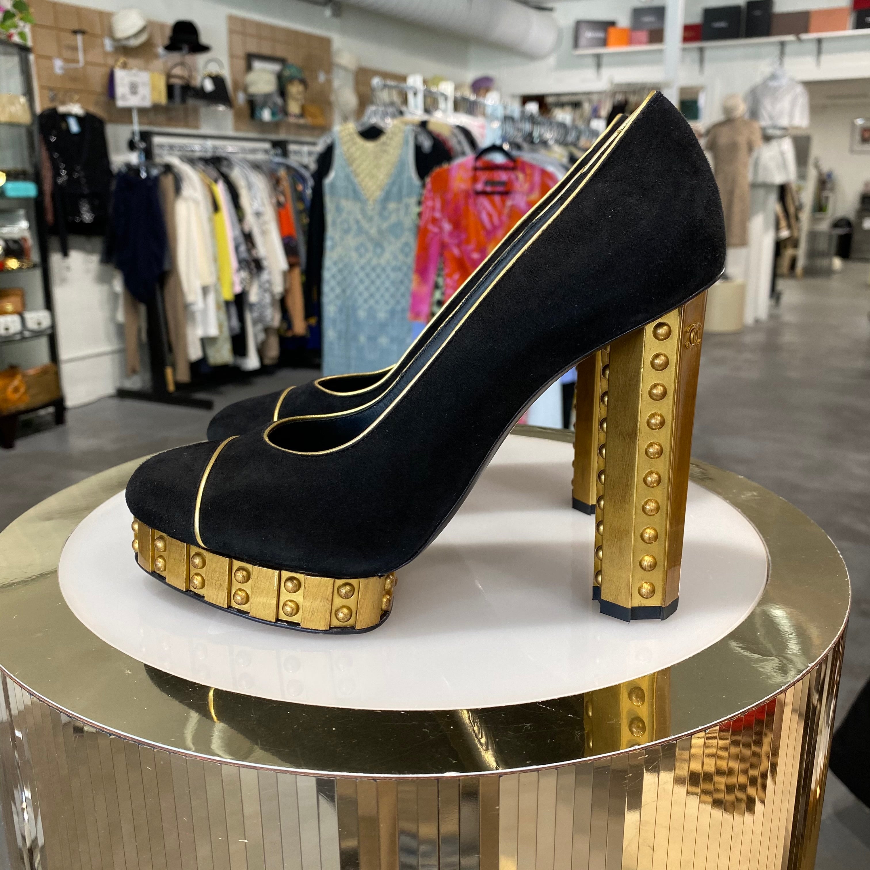 Chanel Runway Riveted Gold Platform Heels