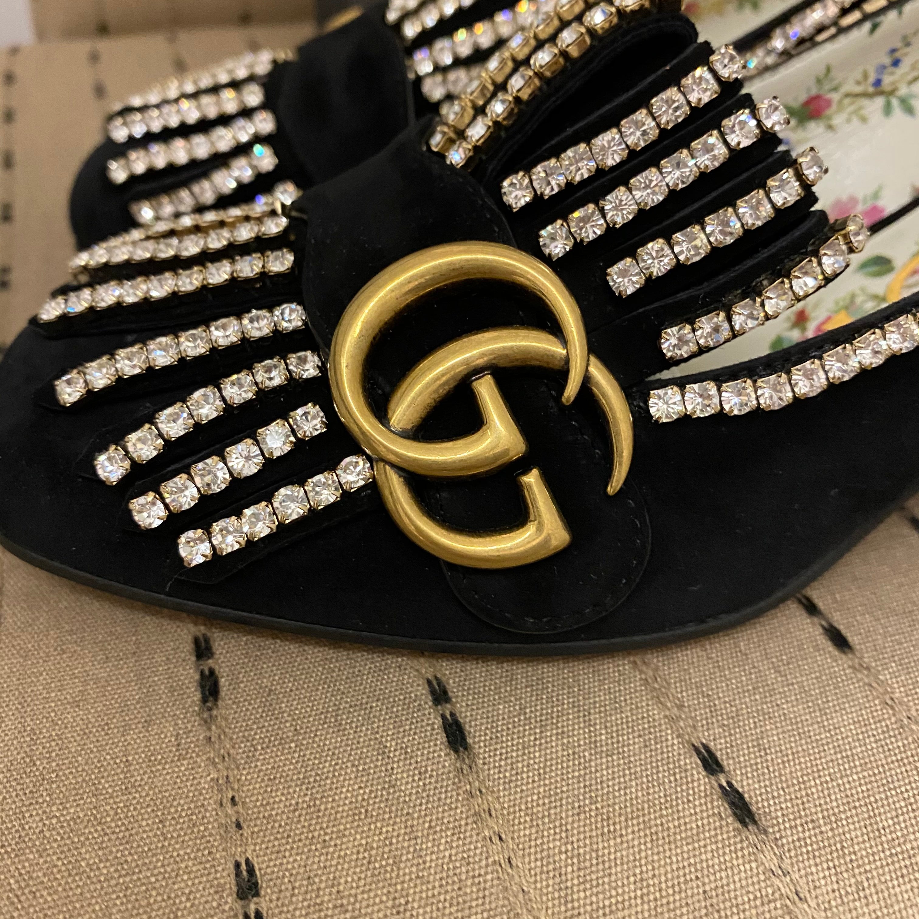 Gucci Rhinestone Black Suede Kiltie Heels