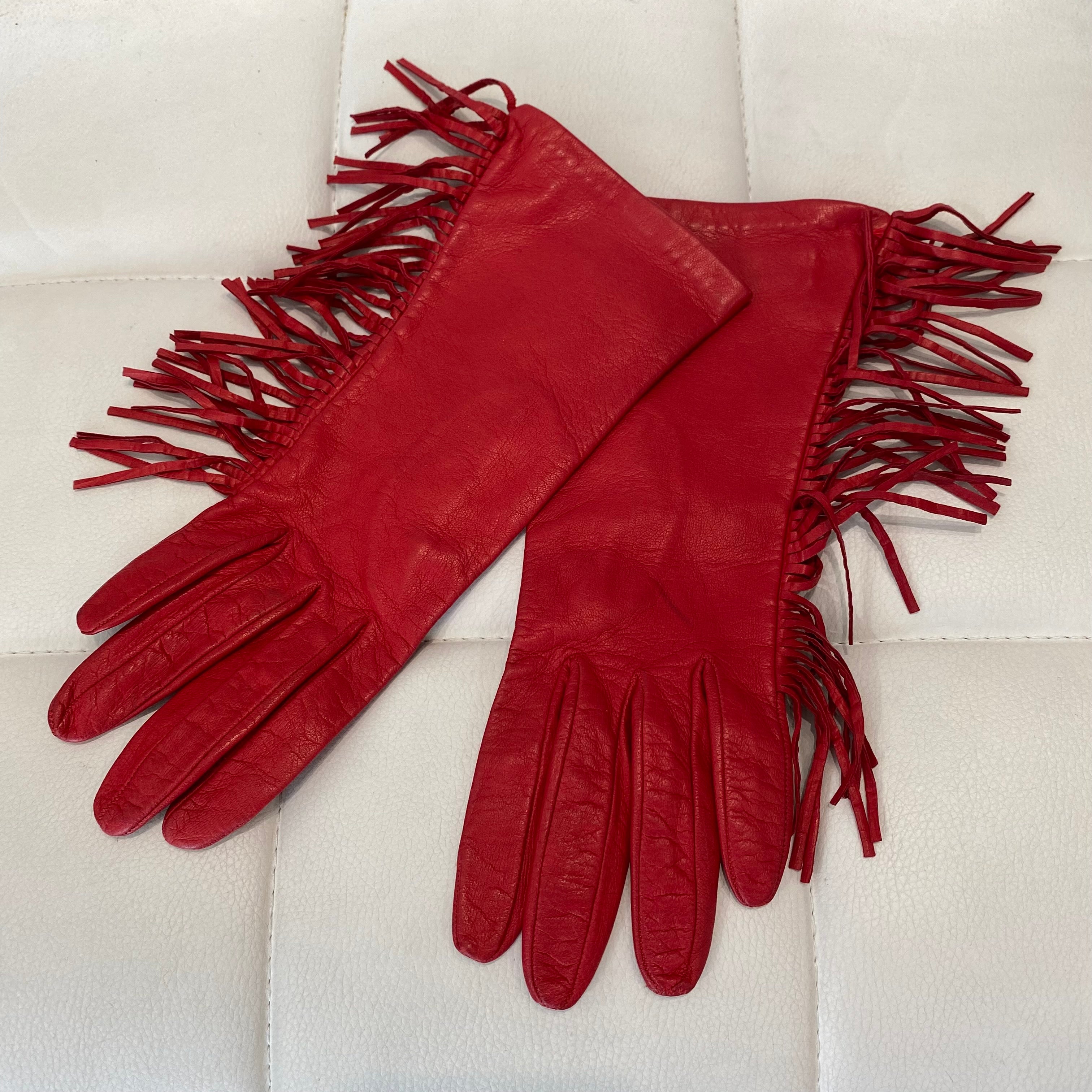 Vintage Red Leather Fringe Gloves