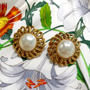 Chanel Gold Tone Huge Faux Pearl Clip on Earrings 