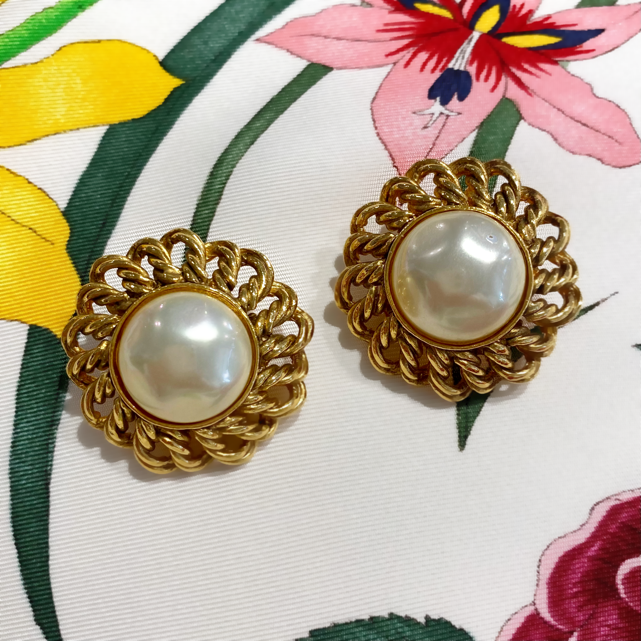 Vintage Chanel Diamante Clip Back Earrings Pearls Costume Gold