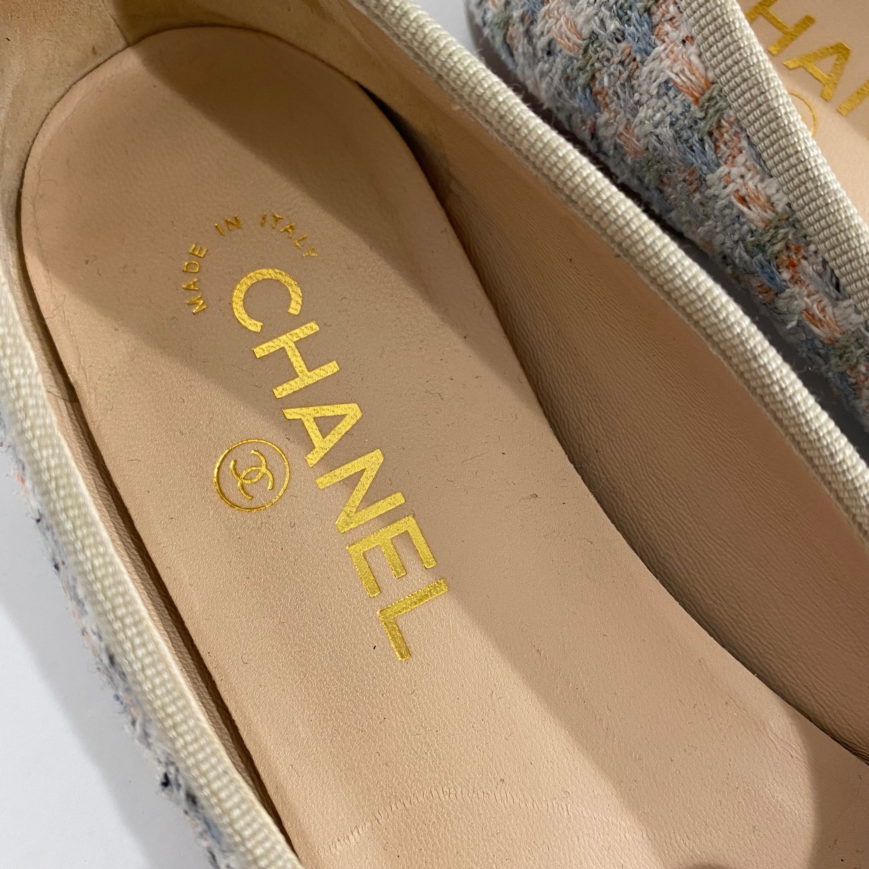 Chanel Champagne & Pastel Tweed Ballet Flats
