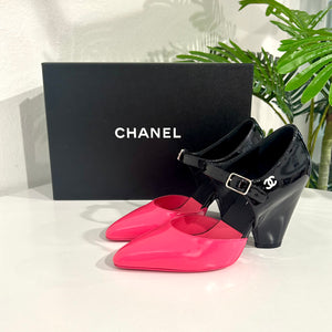 Chanel Neon Pink & Black Mary Jane Wedges