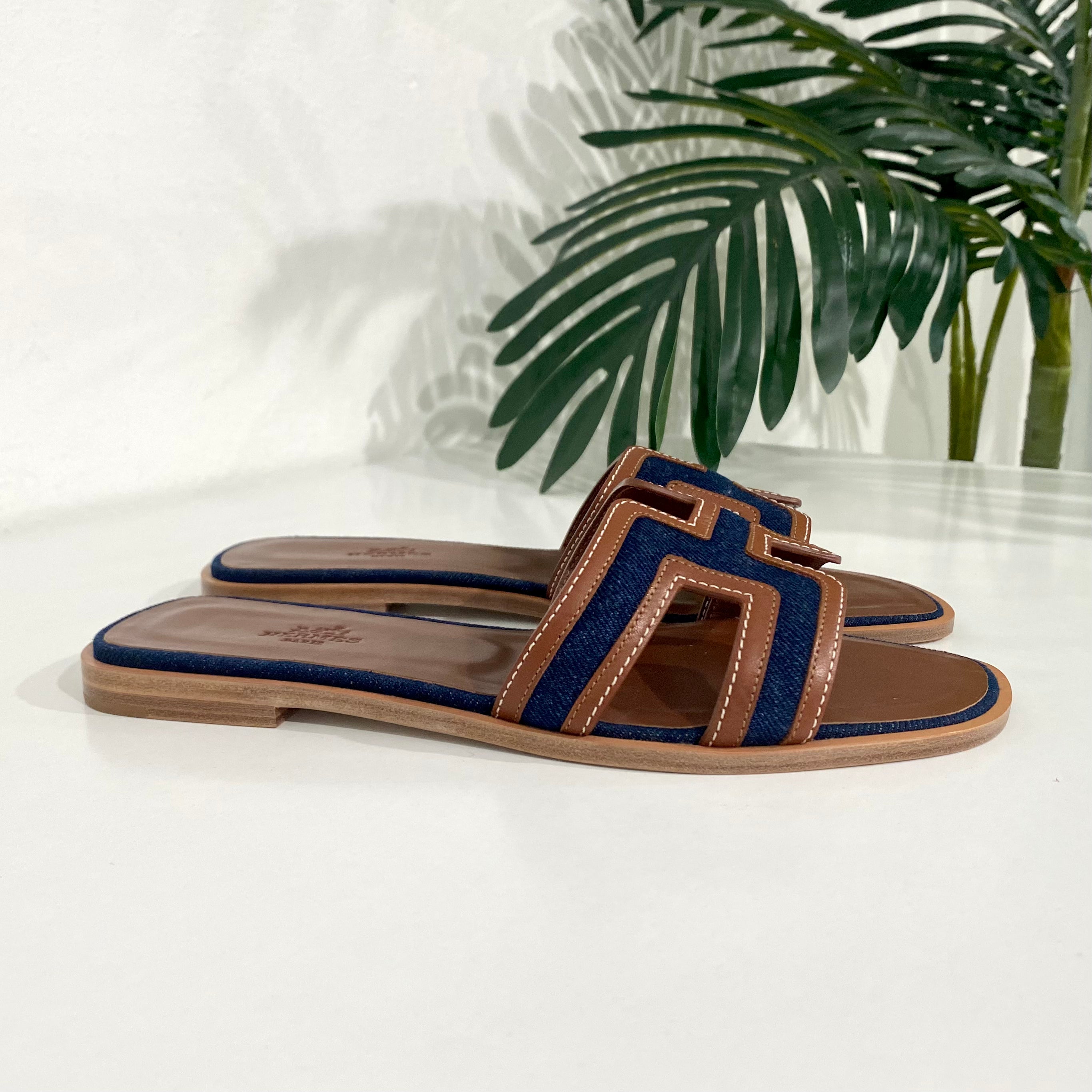 NEW Hermès Denim & Gold Oran Sandals