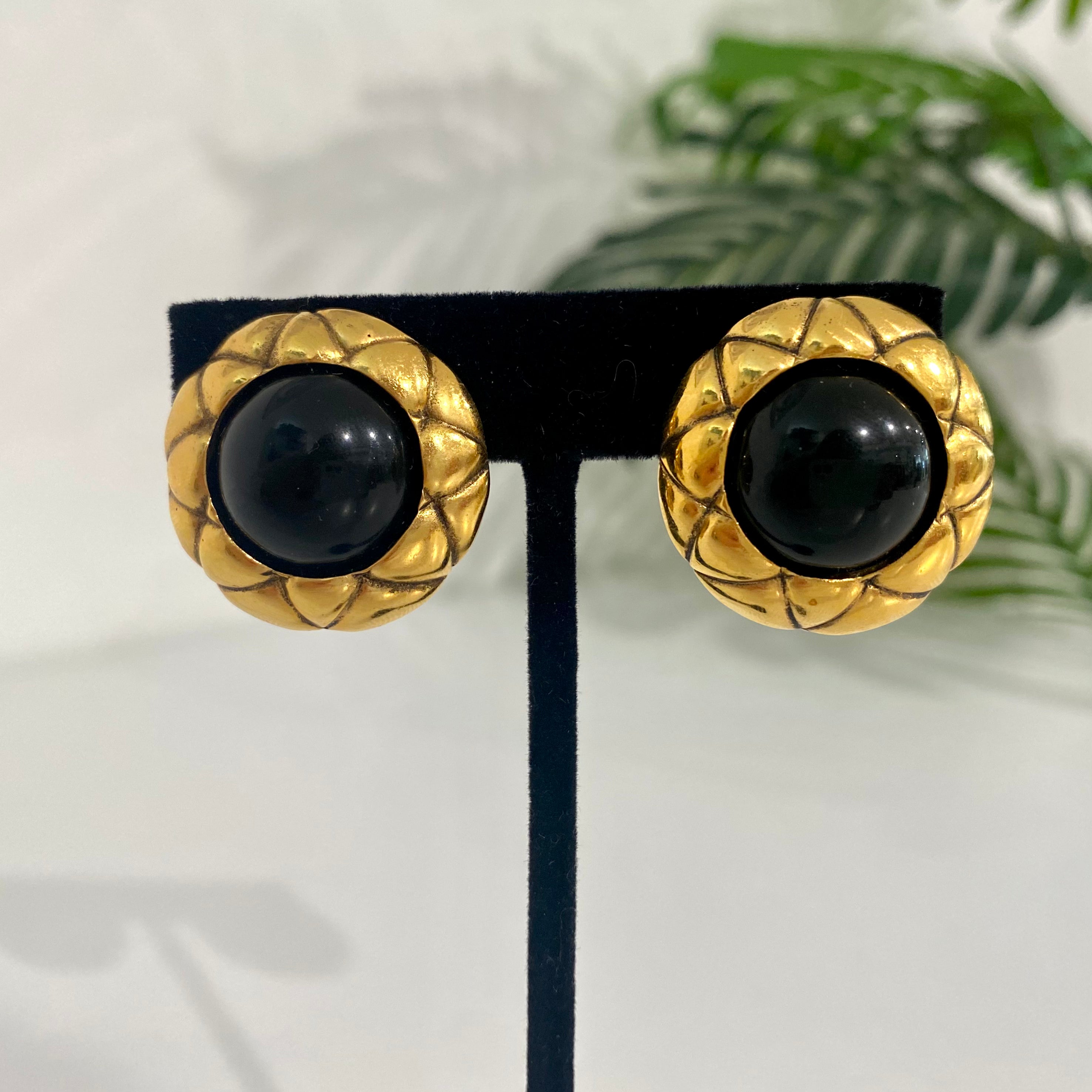 Chanel Vintage Round Black Glass Gold Quilted Earrings