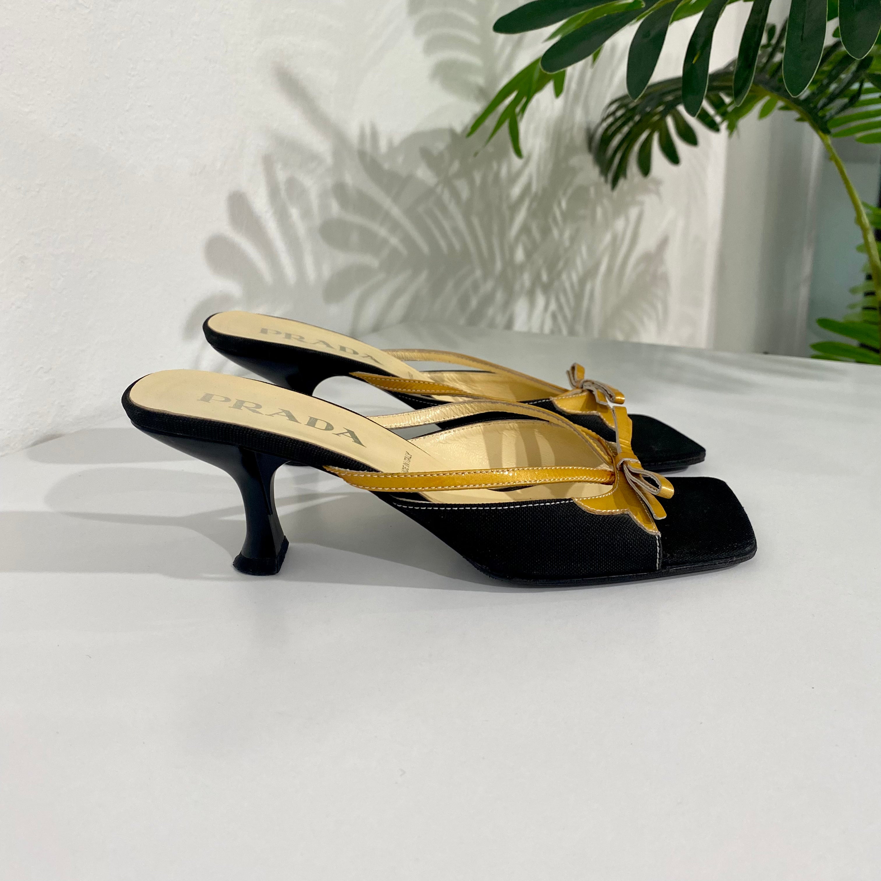 Prada Black and Gold Square Toe Sandals