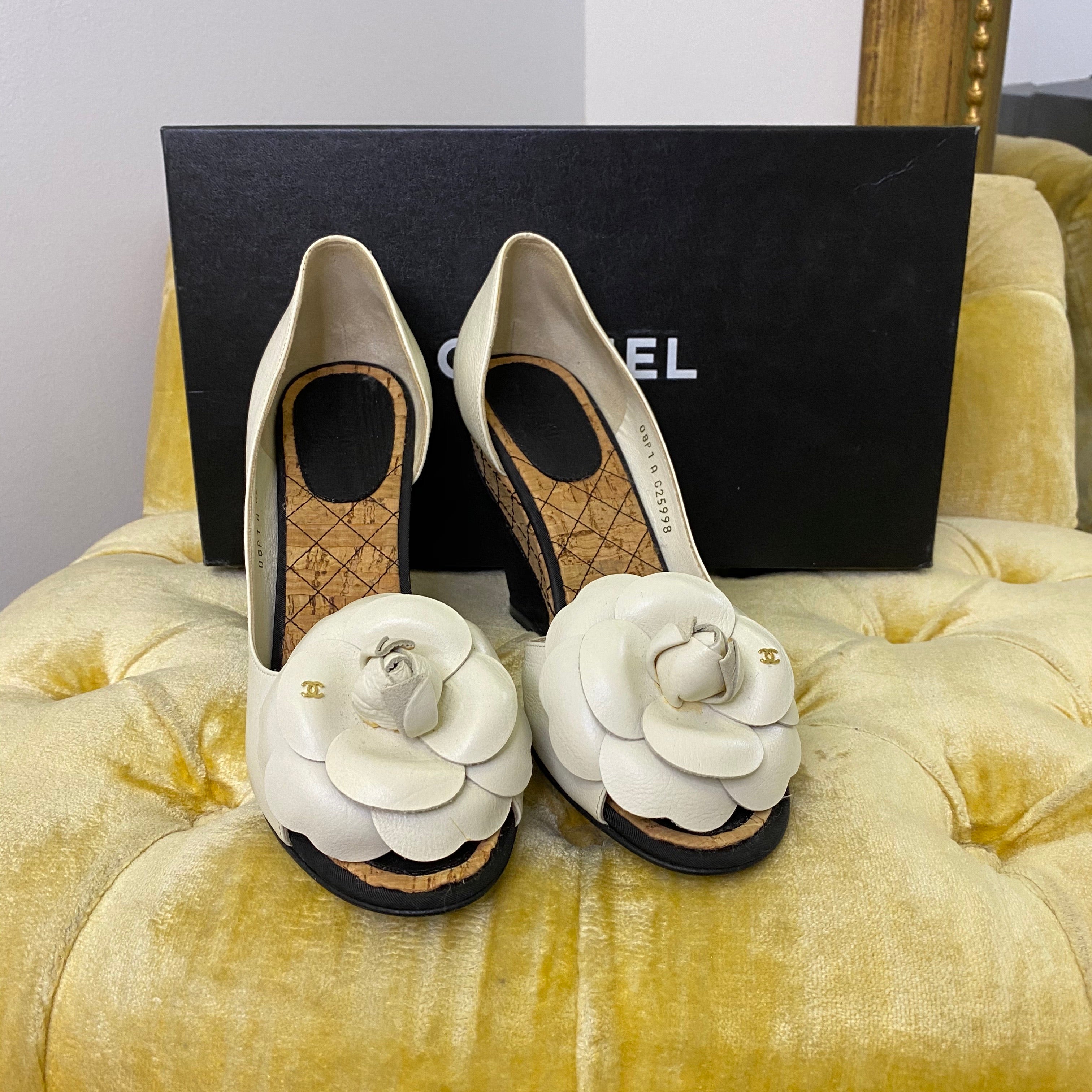 Chanel White Camellia Wedges