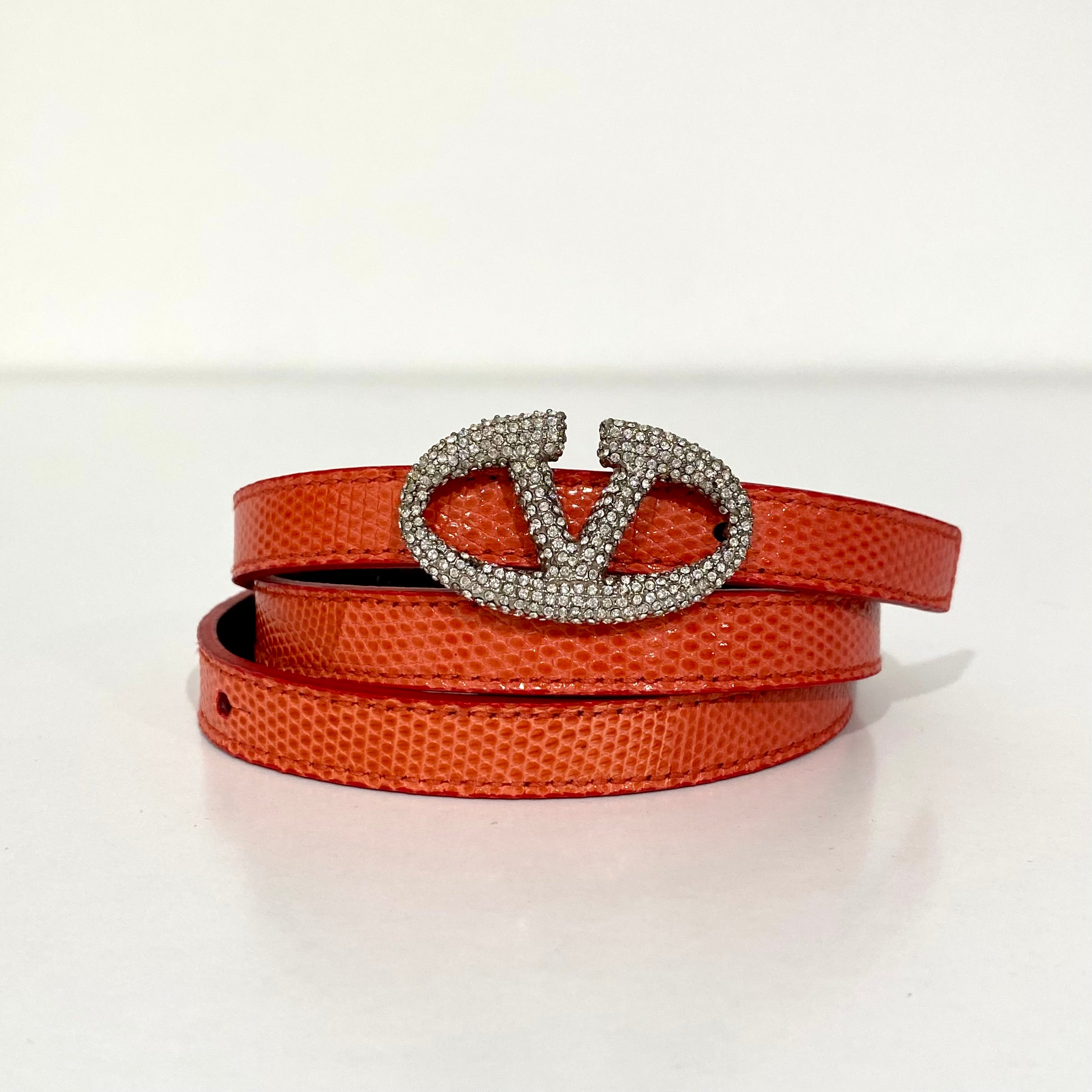 Valentino Crystal V Logo Pink Snakeskin Belt