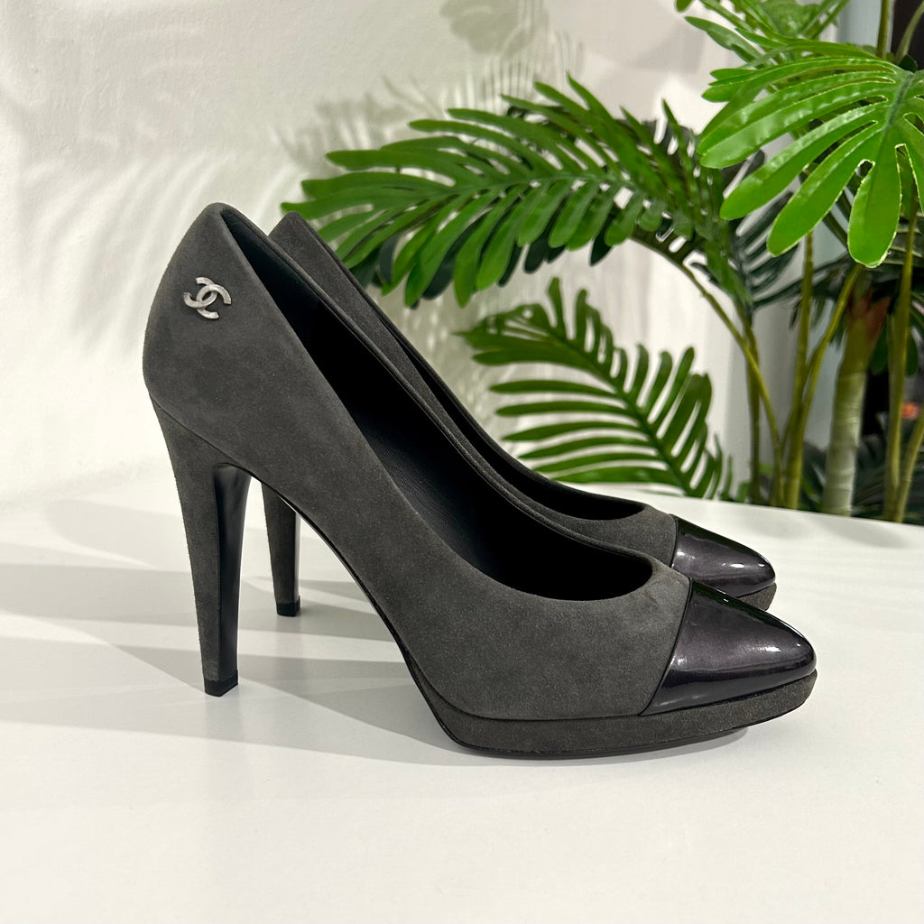 Chanel New Grey Suede Platform Heels