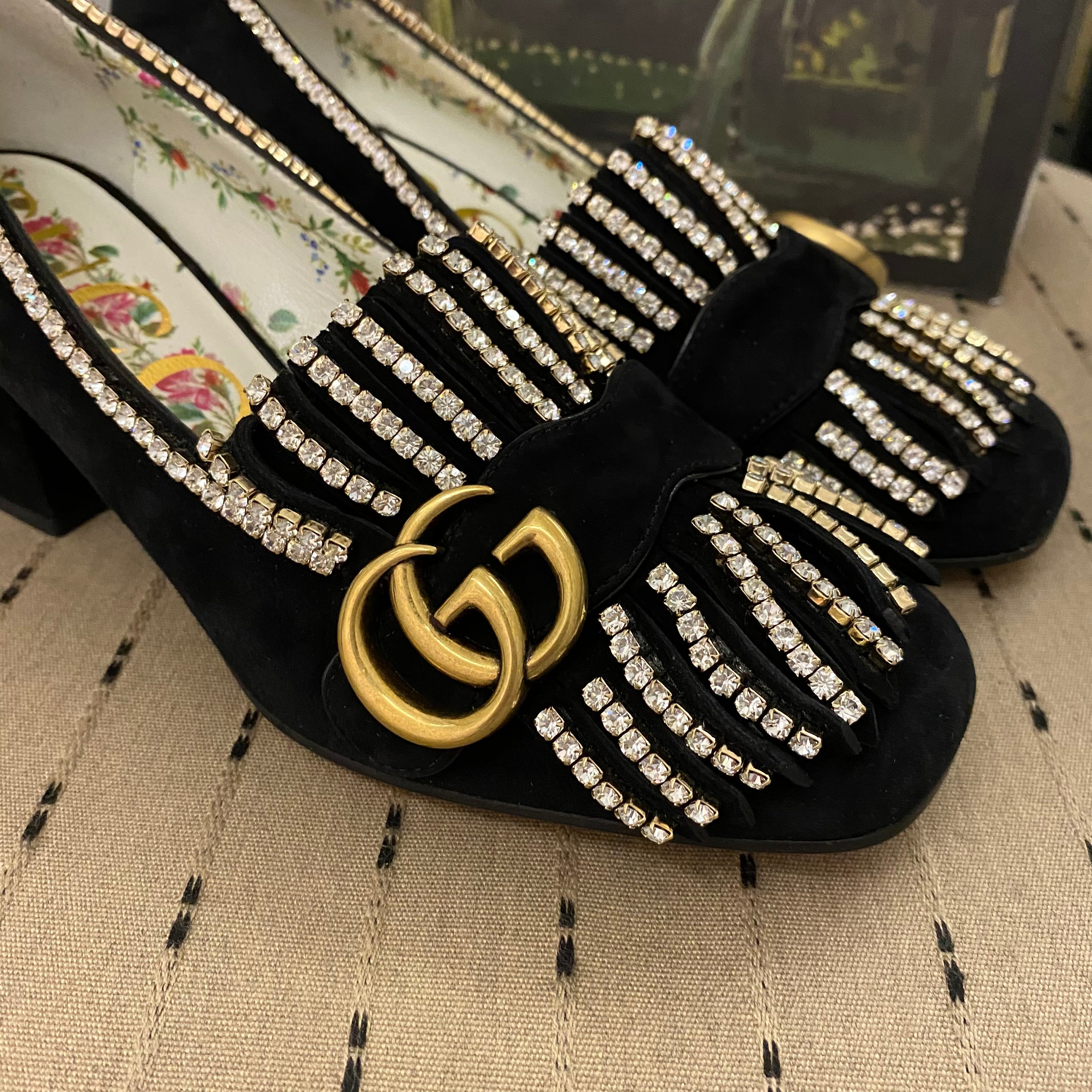 Gucci Rhinestone Black Suede Kiltie Heels