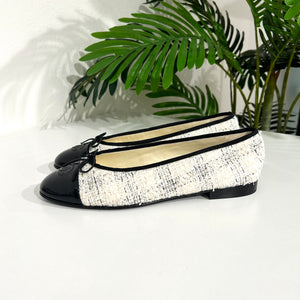 Chanel Grey/Black Tweed Cap Toe Ballet Flats Size 8.5/39 - Yoogi's Closet