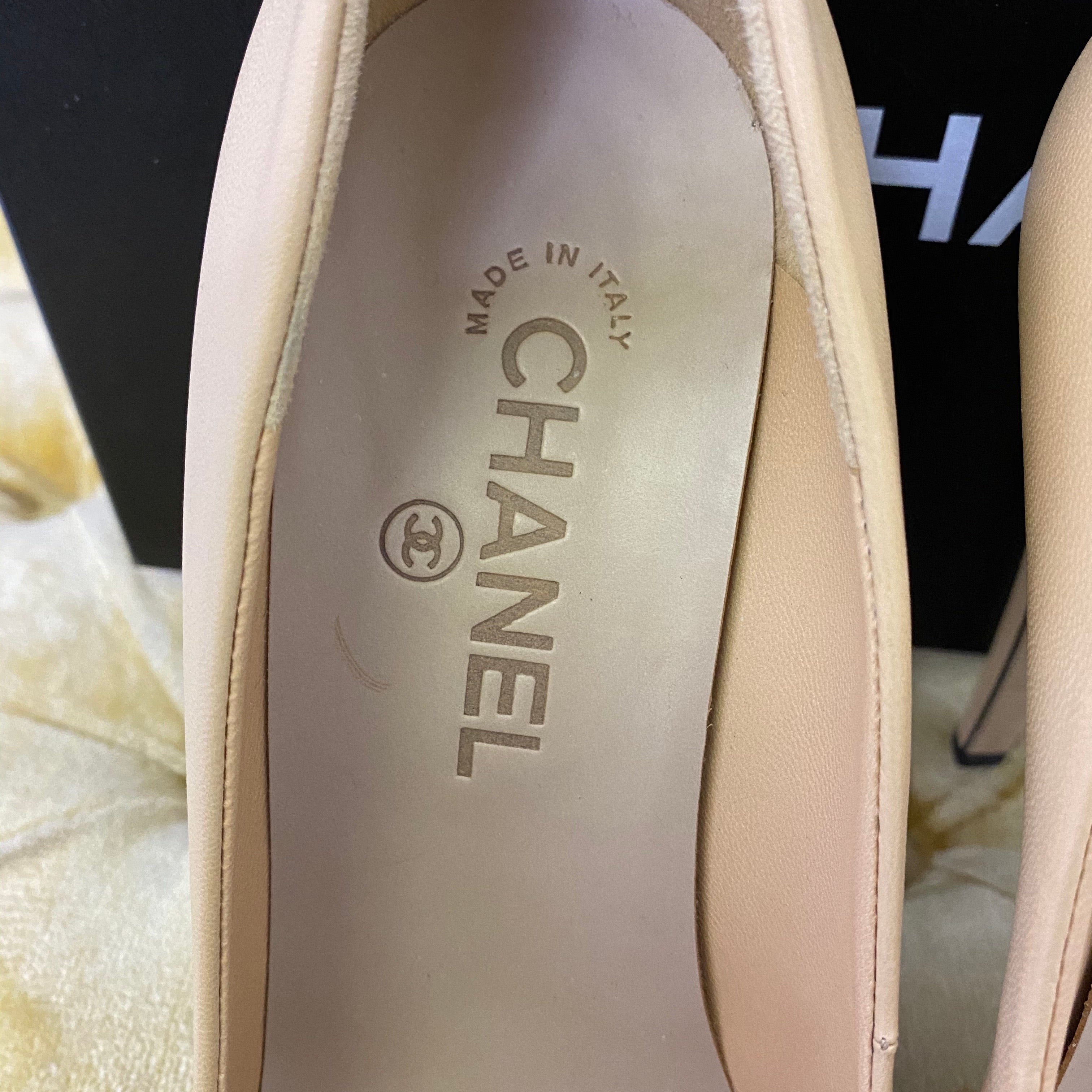 Chanel Beige and Black Cap Toe Platform Pumps