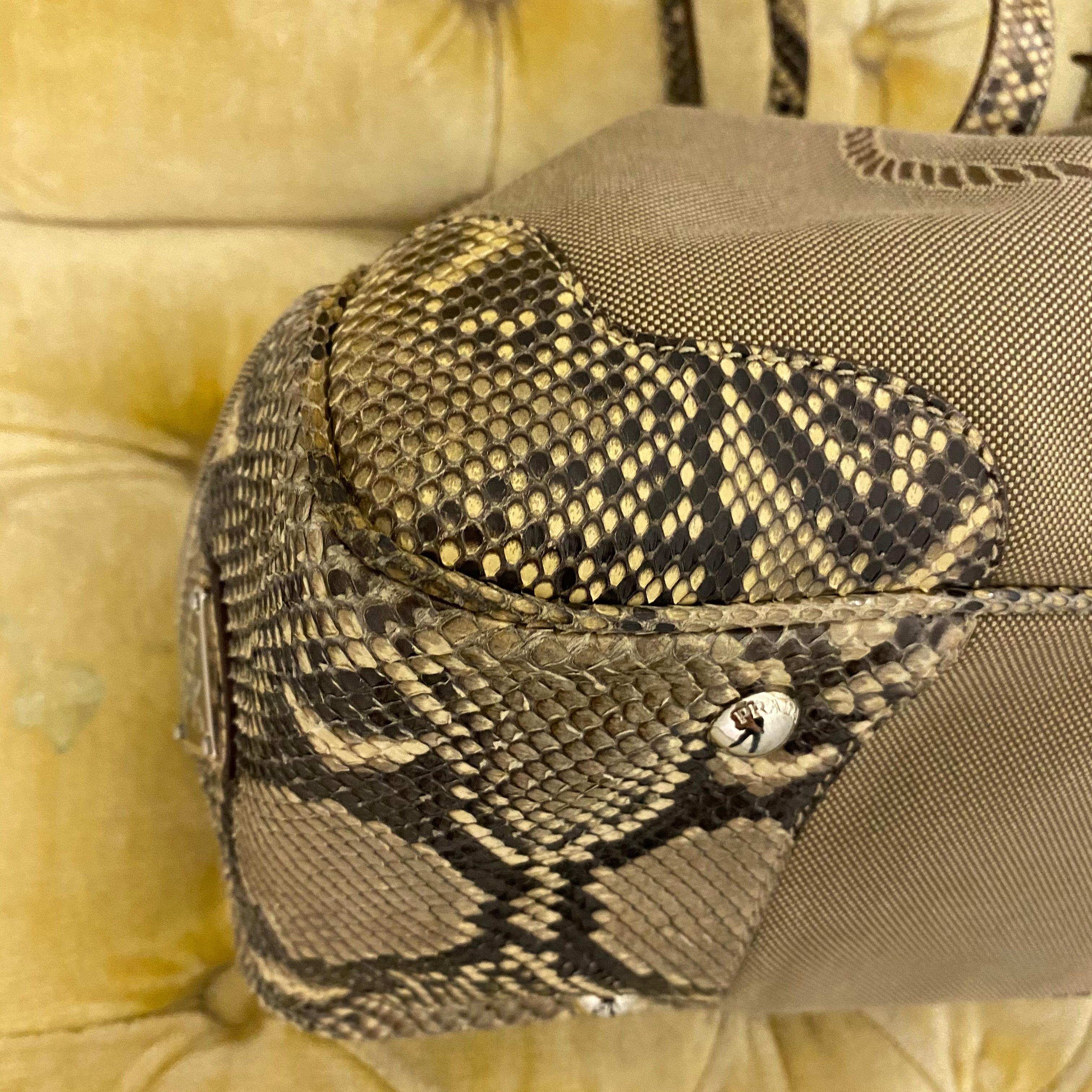 Prada Snakeskin Trim Tan Canapa Canvas Bag