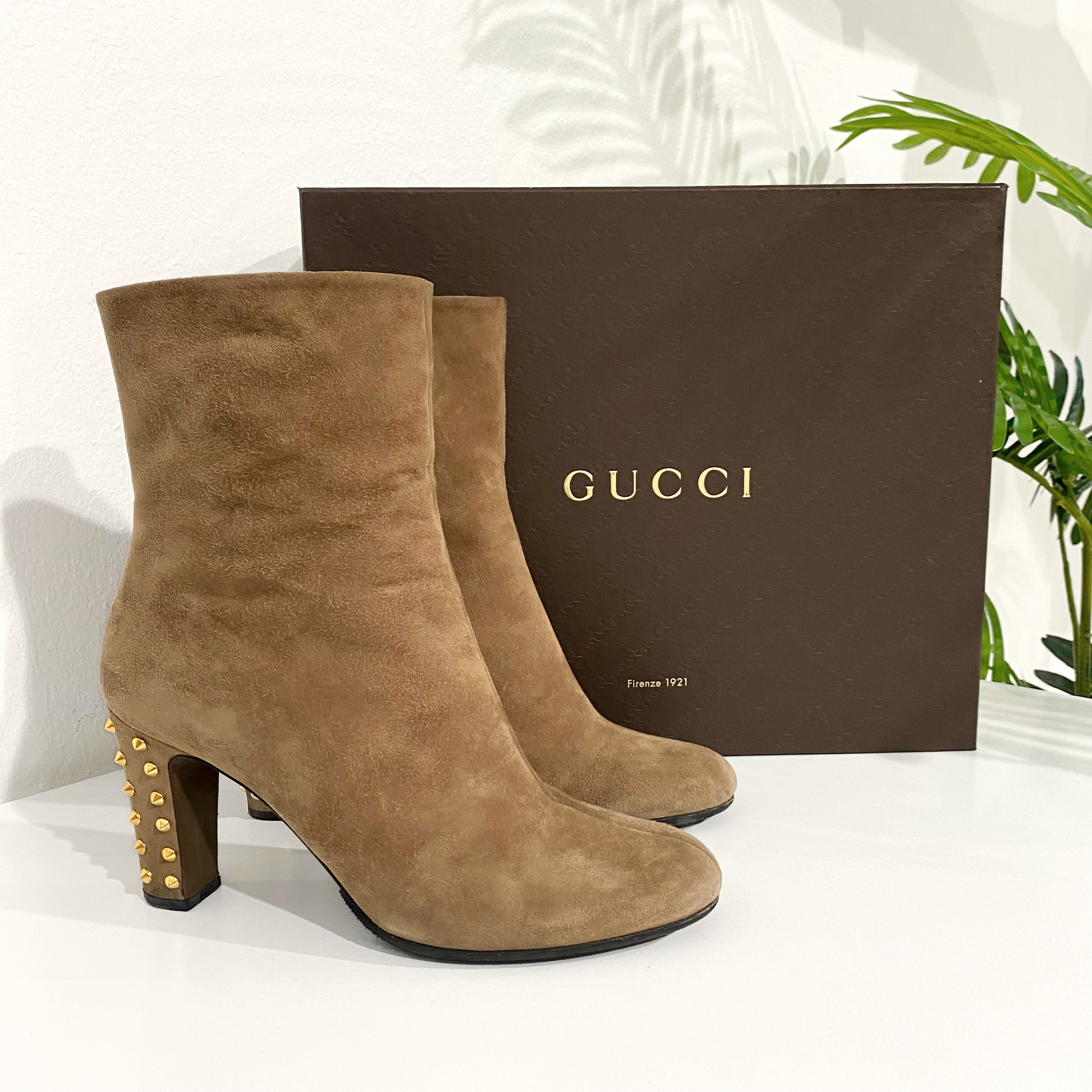 Gucci Gold Studded Tan Suede Boots