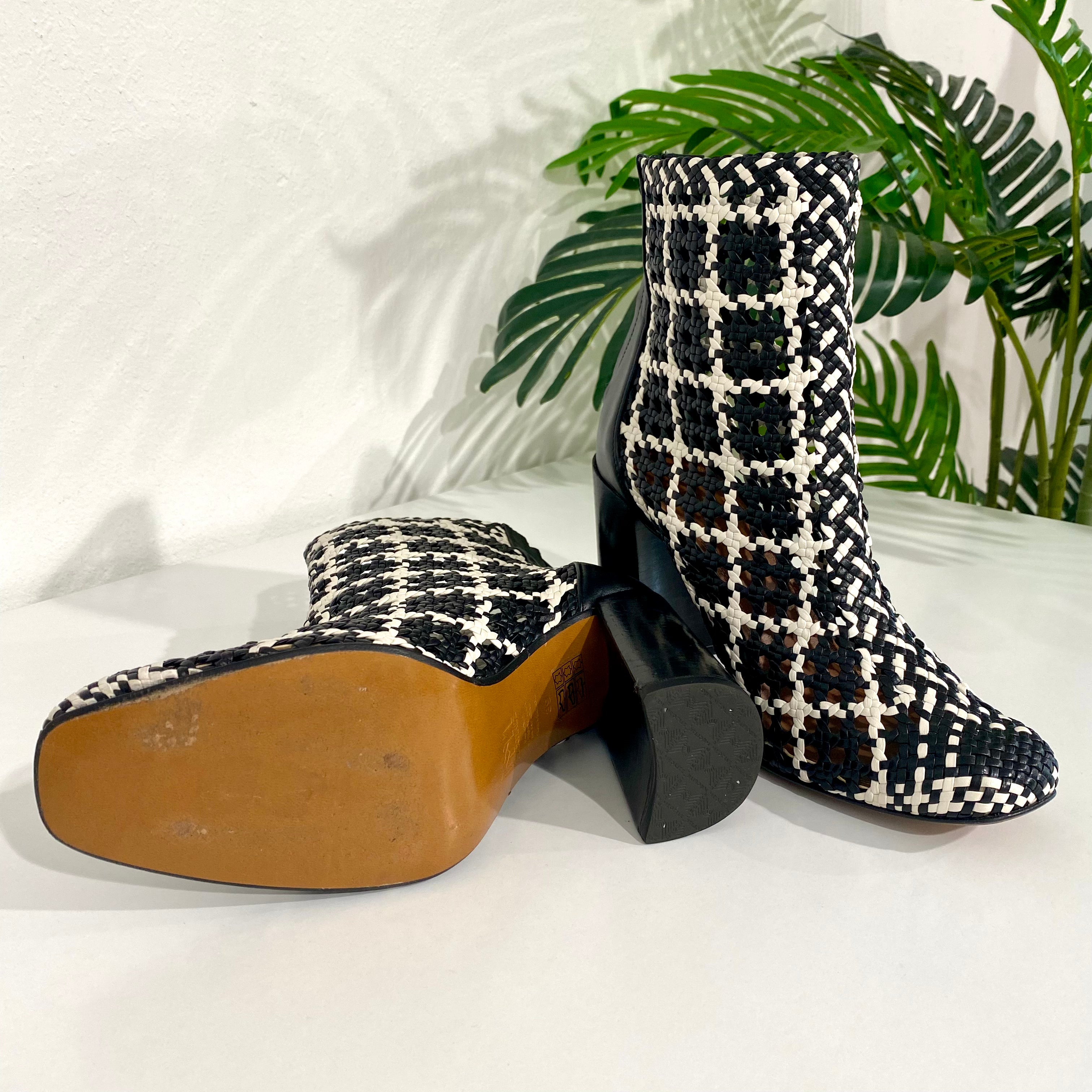 Souliers Martinez Black and White Woven Ankle Boots
