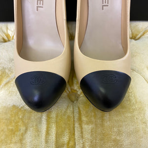 Chanel Beige and Black Cap Toe Platform Pumps