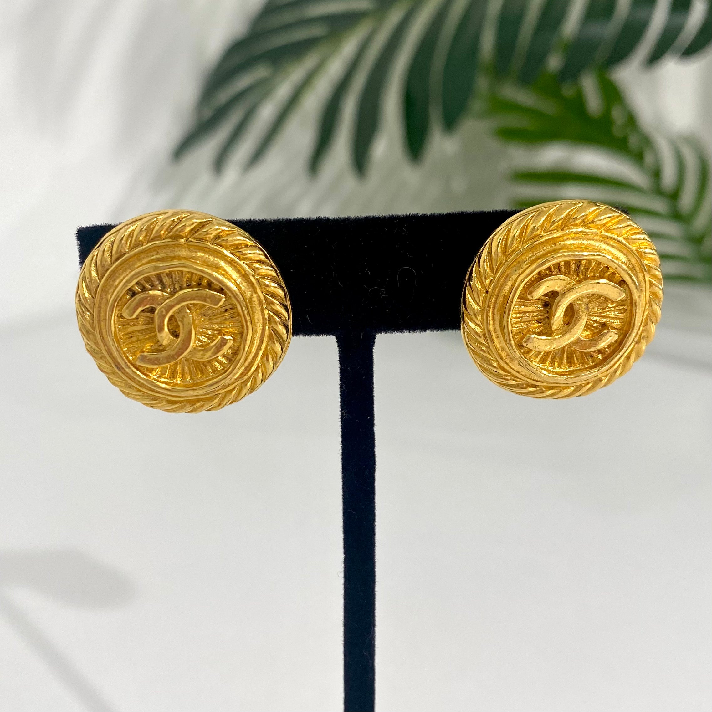 Chanel Classic Gold Plated CC Crystal Small Curve Piercing Earrings