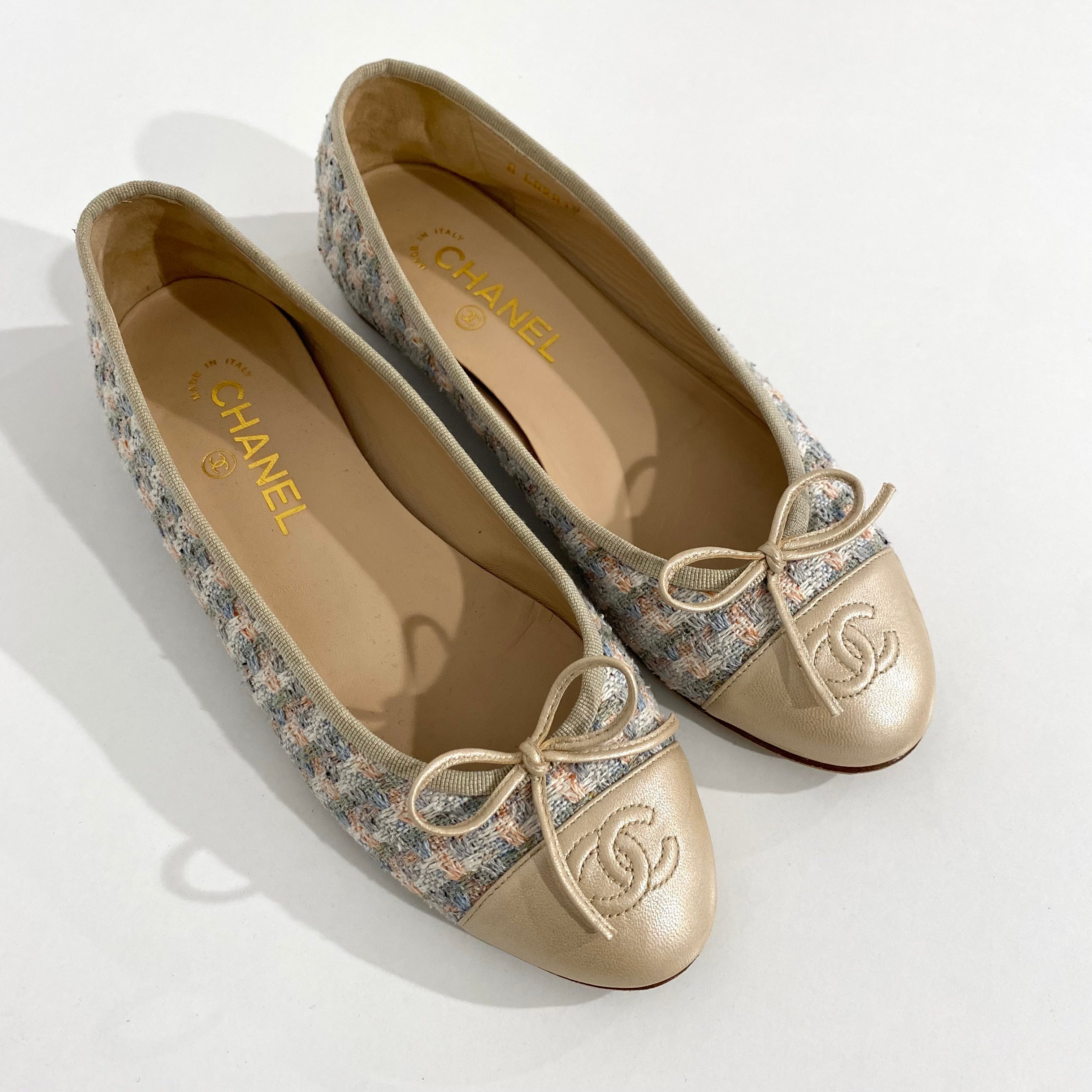Chanel Champagne & Pastel Tweed Ballet Flats – Dina C's Fab and Funky  Consignment Boutique