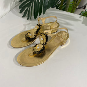 Chanel Gold Camellia Sandals