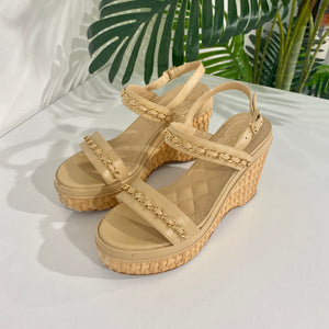 CHANEL Burgundy Leather Platform Wedge Sandals Size 37 1/2 Ladies –  Afashionistastore