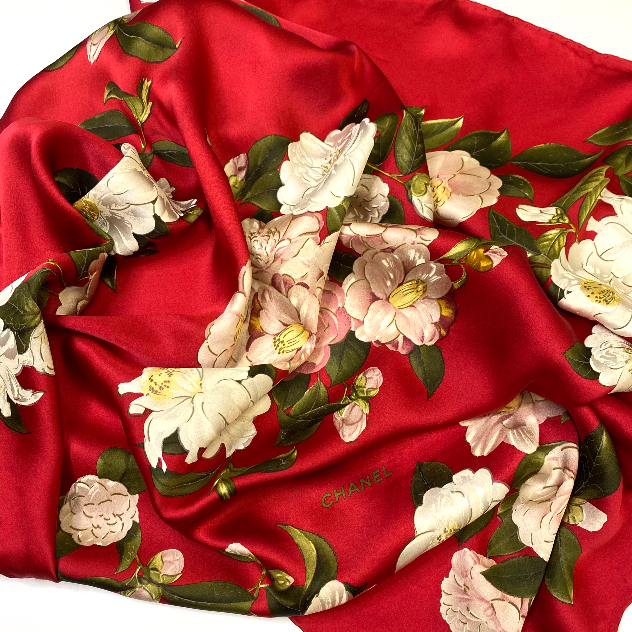 Chanel Red Camellia Silk Scarf