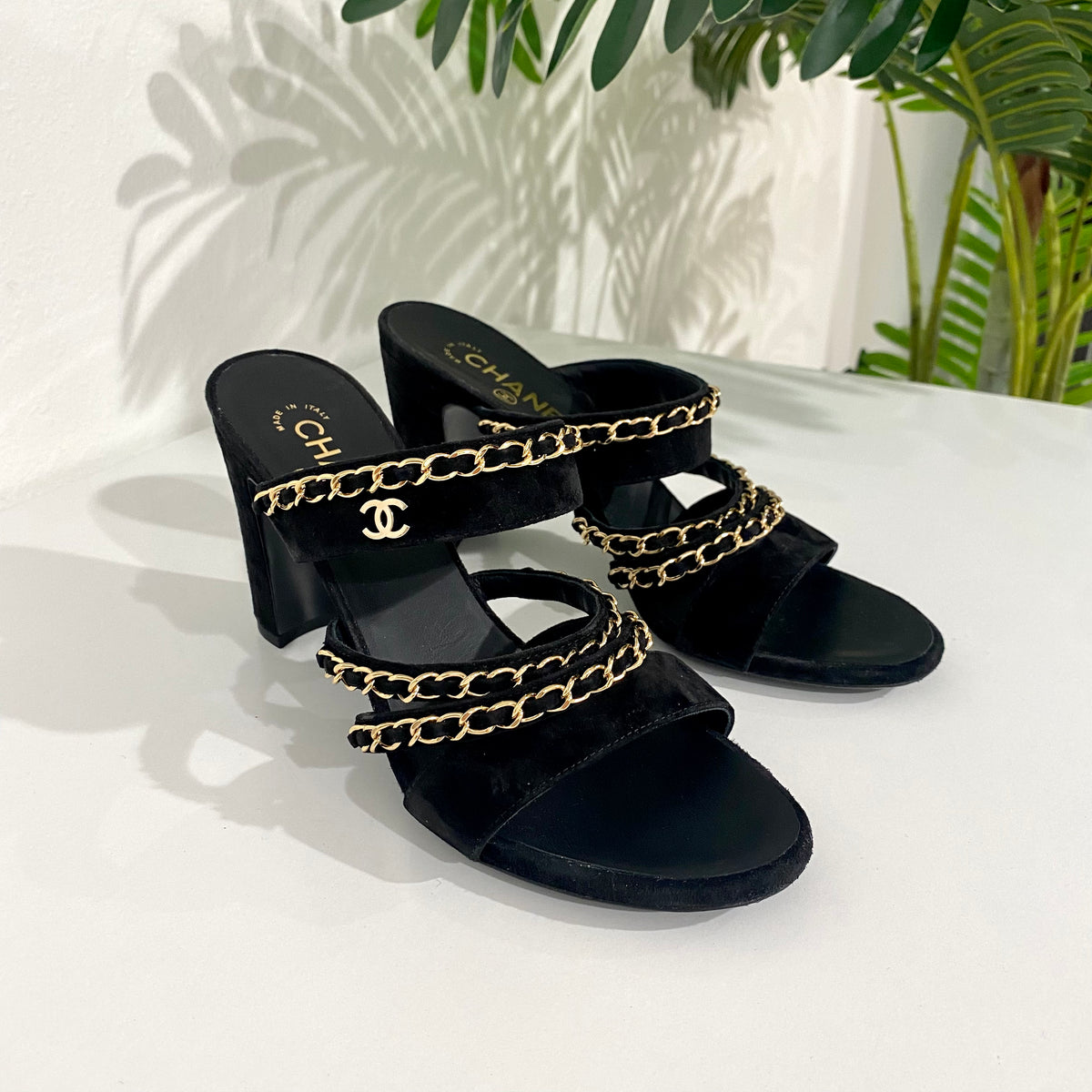 CHANEL, Shoes, New Chanel Rev Sandal Black Suede Calf Gold Chain Cc Logo  Block Heel 2a Sz 40