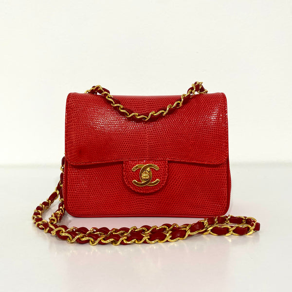 Chanel Vintage Chanel Red Lizard Leather Shoulder Mini Flap Bag