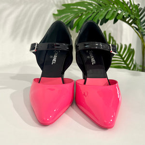 Chanel Neon Pink & Black Mary Jane Wedges