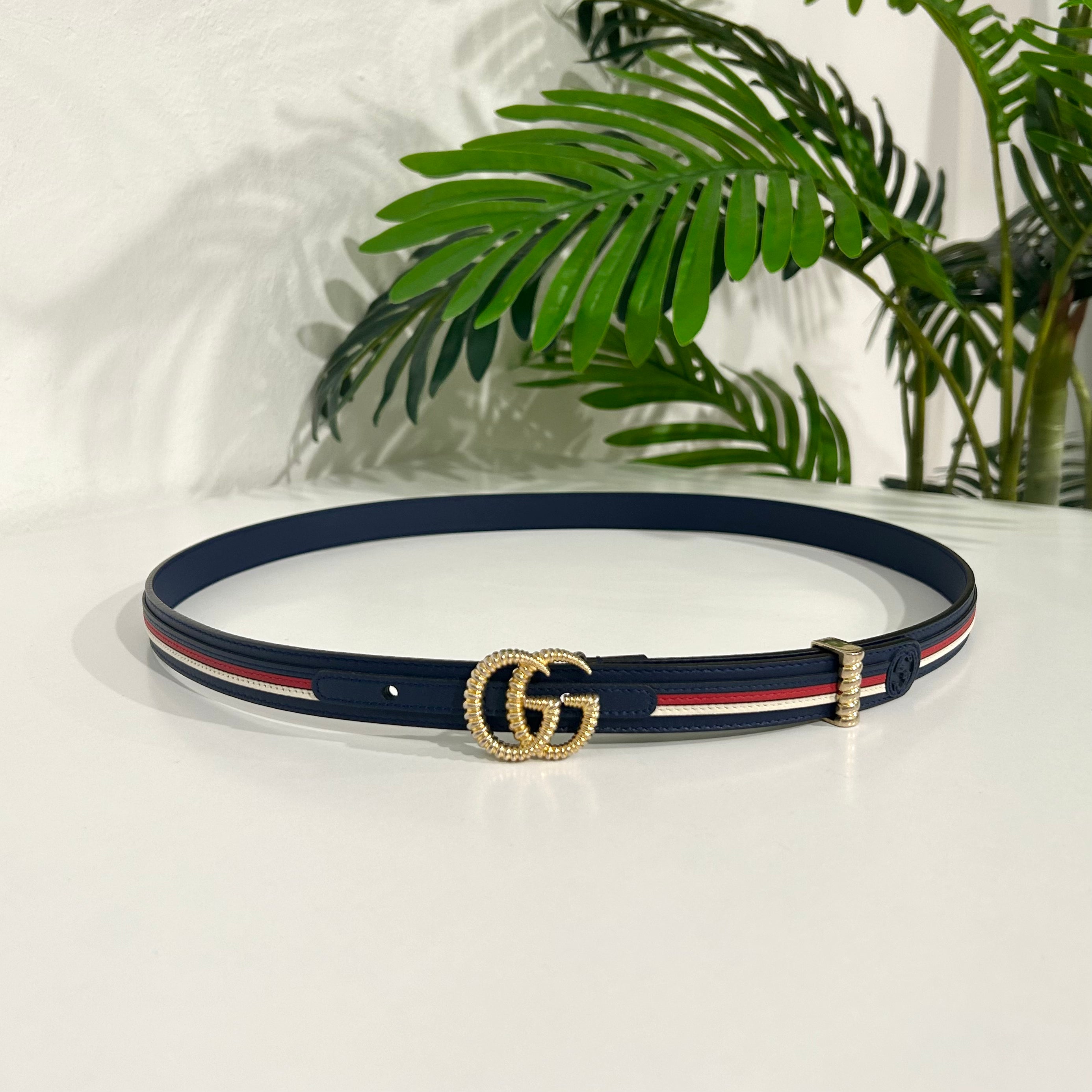 Gucci Torchon Sylvie Navy & Red Stripe Thin Belt
