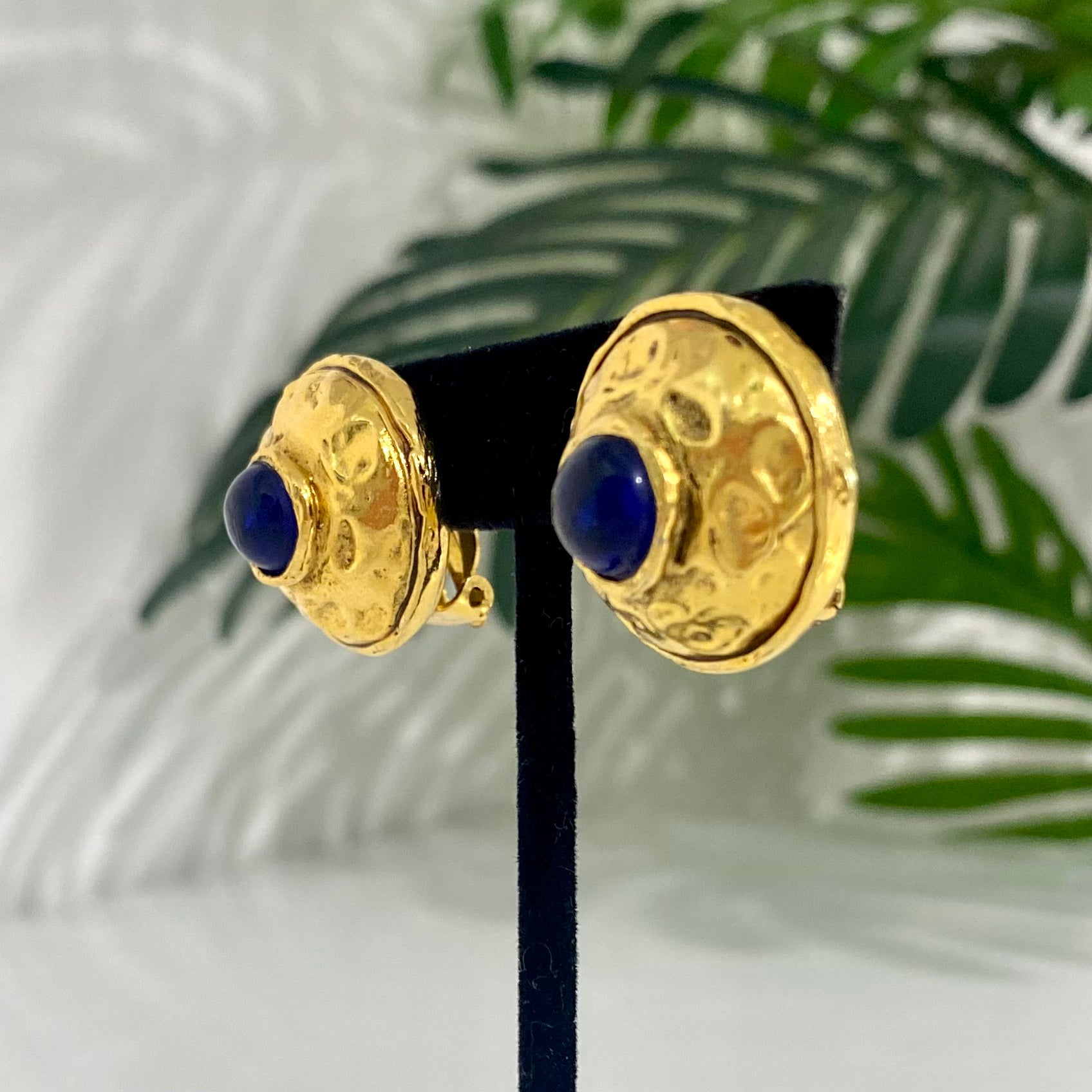 Chanel Vintage Blue Gripoix Gold Dome Earrings