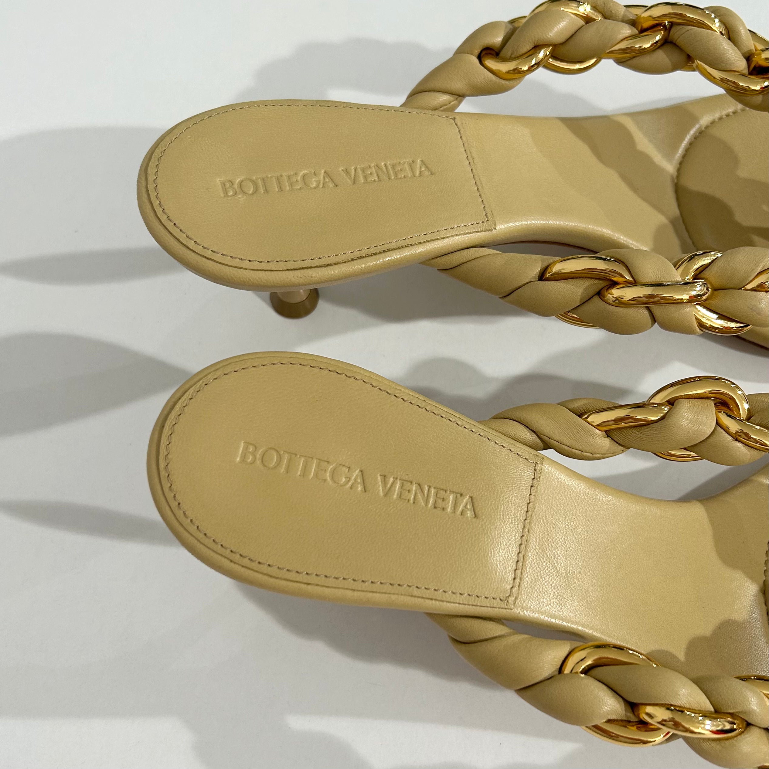 Bottega Beige & Gold Chain Sandals